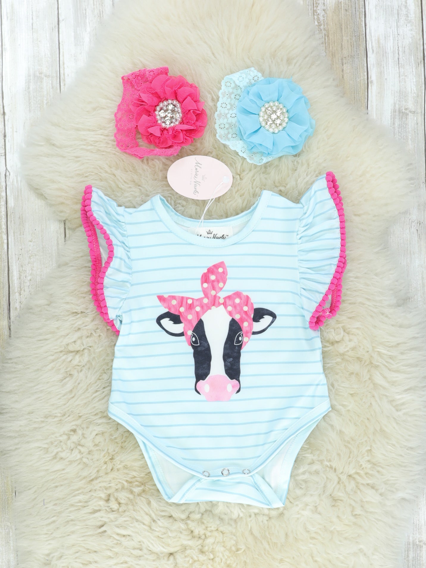 Blue Striped Cow Ruffle Bubble Romper - Marie Nicole Clothing