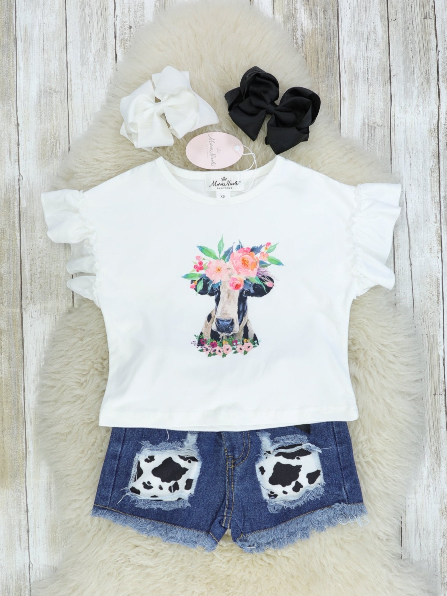 Cow Ruffle Top & Distressed Denim Outfit - Marie Nicole Clothing