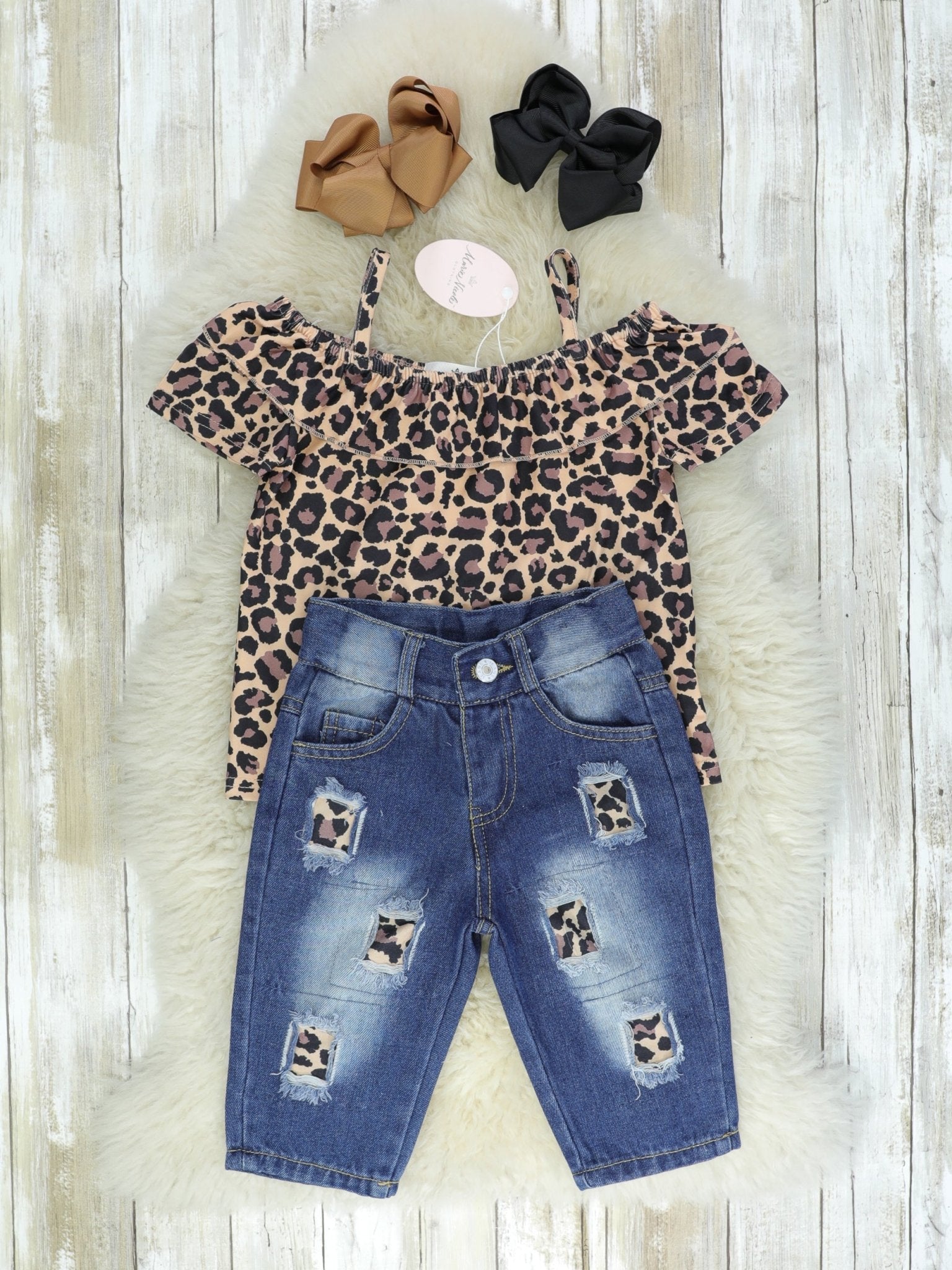 Leopard Ruffle Shirt & Denim Bermuda Shorts Outfit - Marie Nicole Clothing