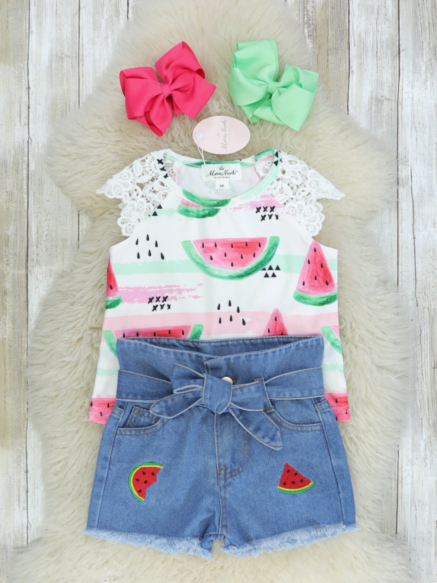 Watermelon Bow Denim Outfit - Marie Nicole Clothing