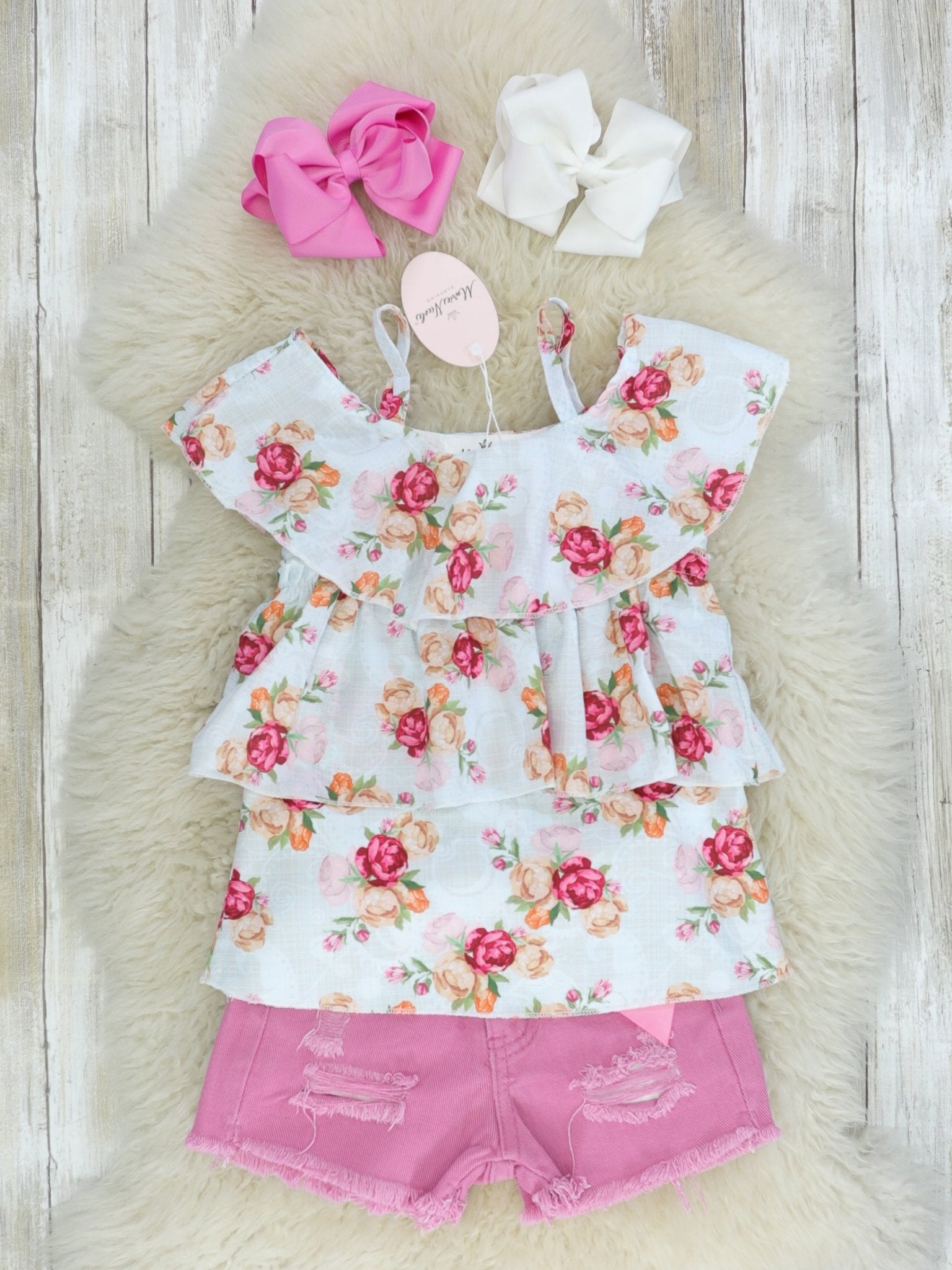 Prim Ruffle Top & Denim Shorts Outfit - Marie Nicole Clothing