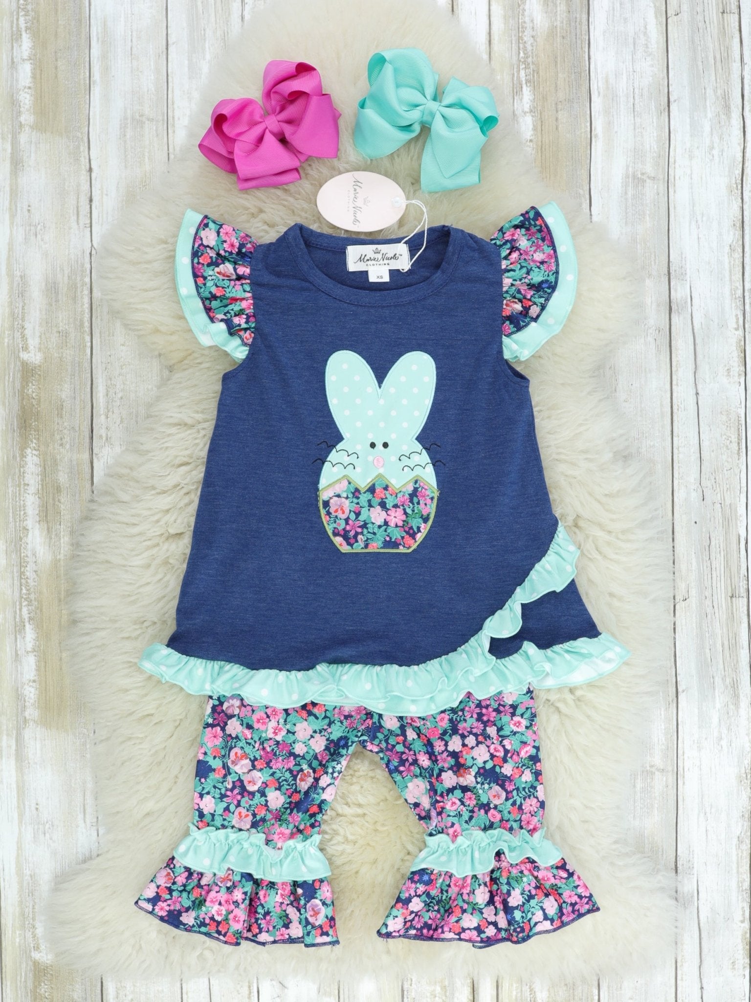 Navy & Mint Floral Bunny Ruffle Outfit - Marie Nicole Clothing