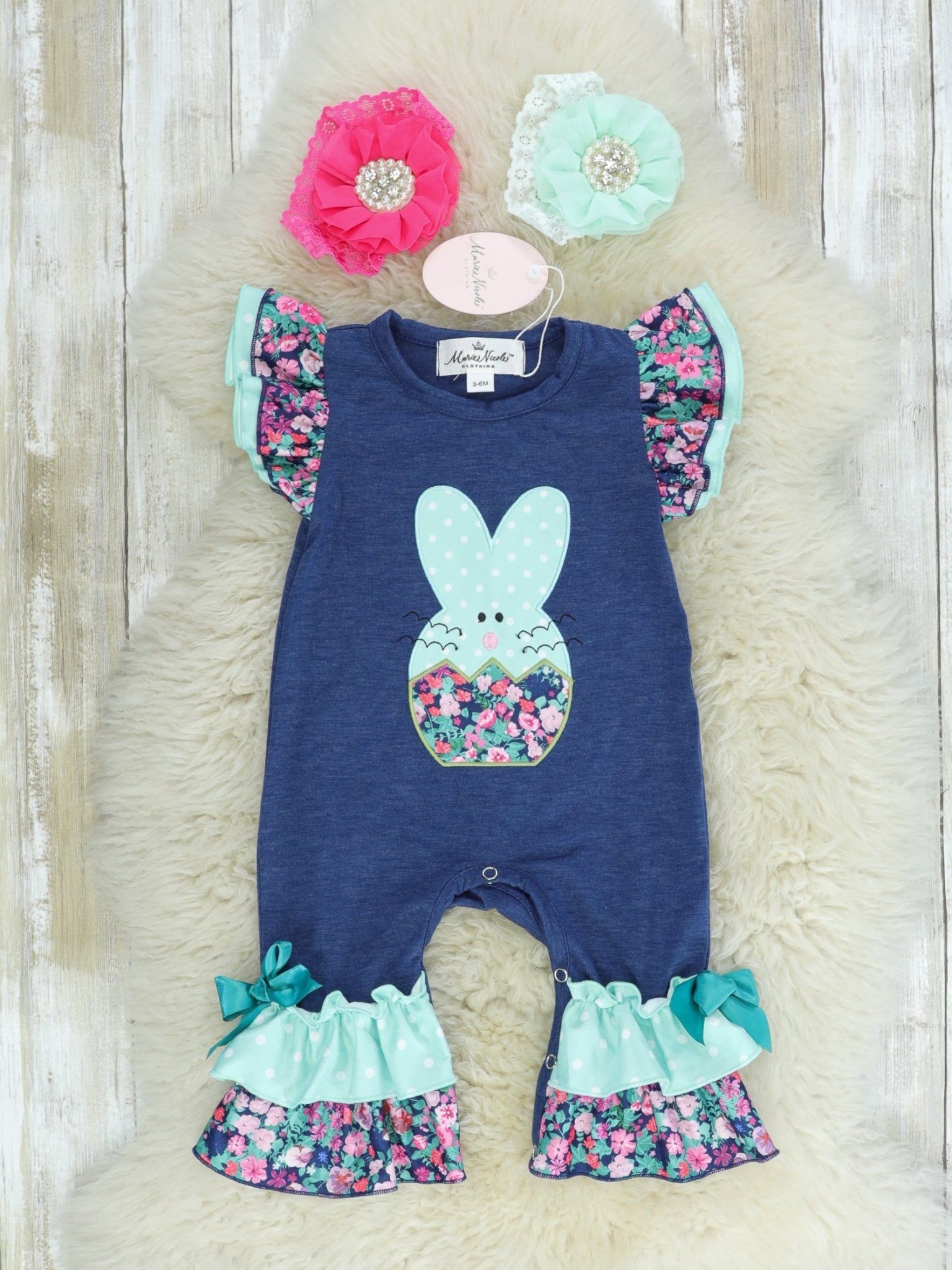 Navy & Mint Floral Bunny Ruffle Romper - Marie Nicole Clothing