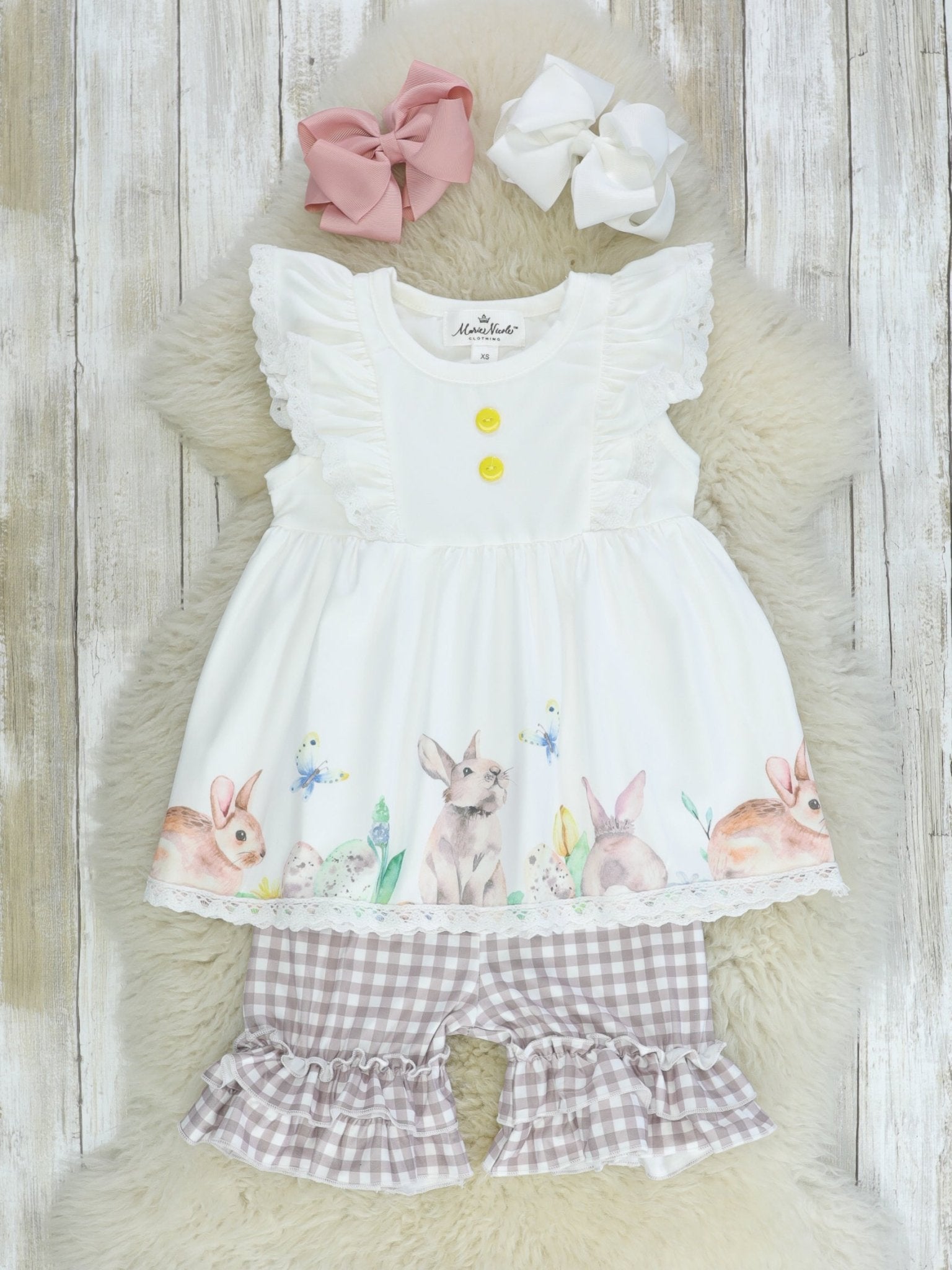 White & Brown Bunnies Ruffle Outfit - Marie Nicole Clothing