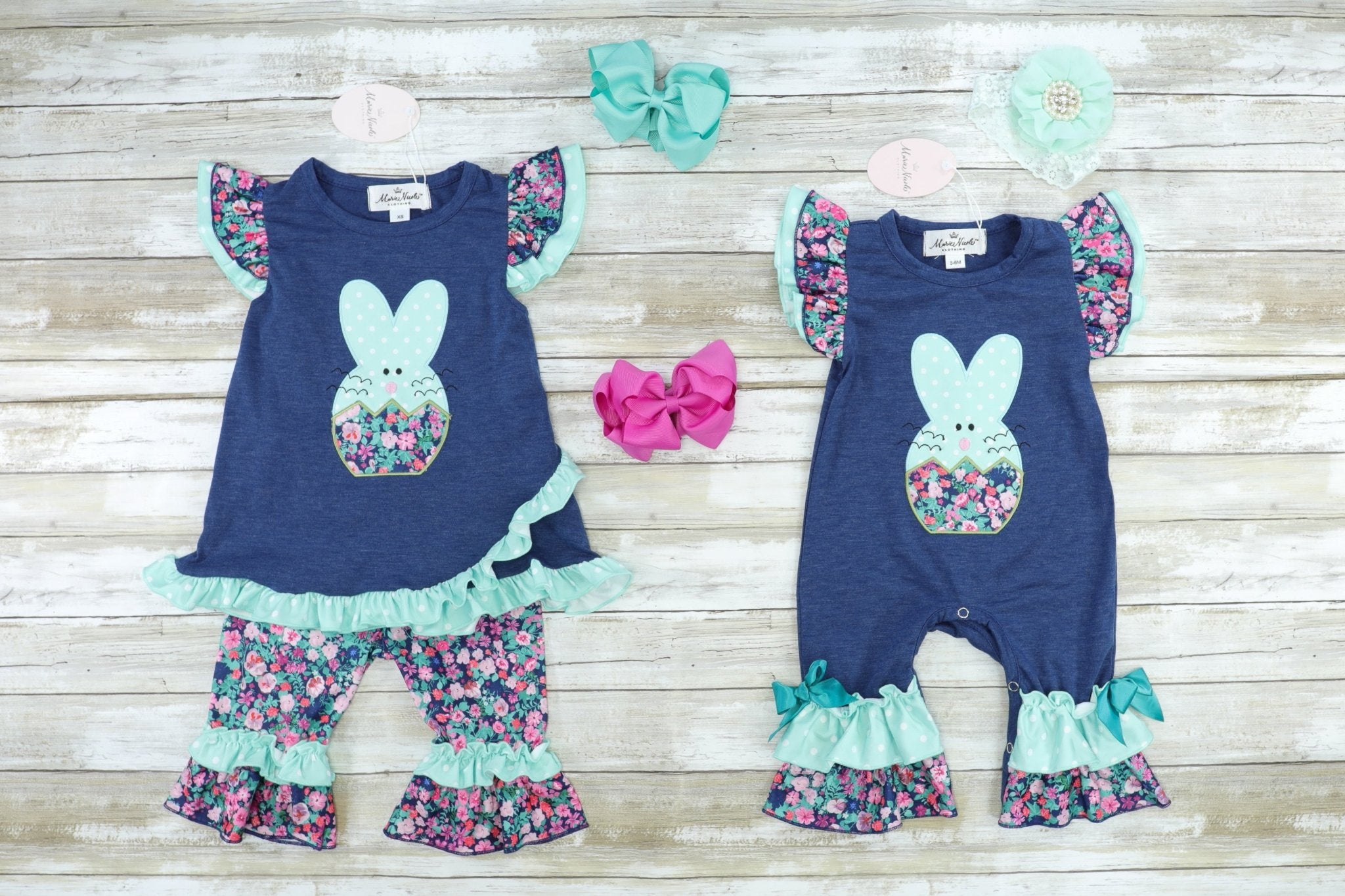 Navy & Mint Floral Bunny Ruffle Romper - Marie Nicole Clothing