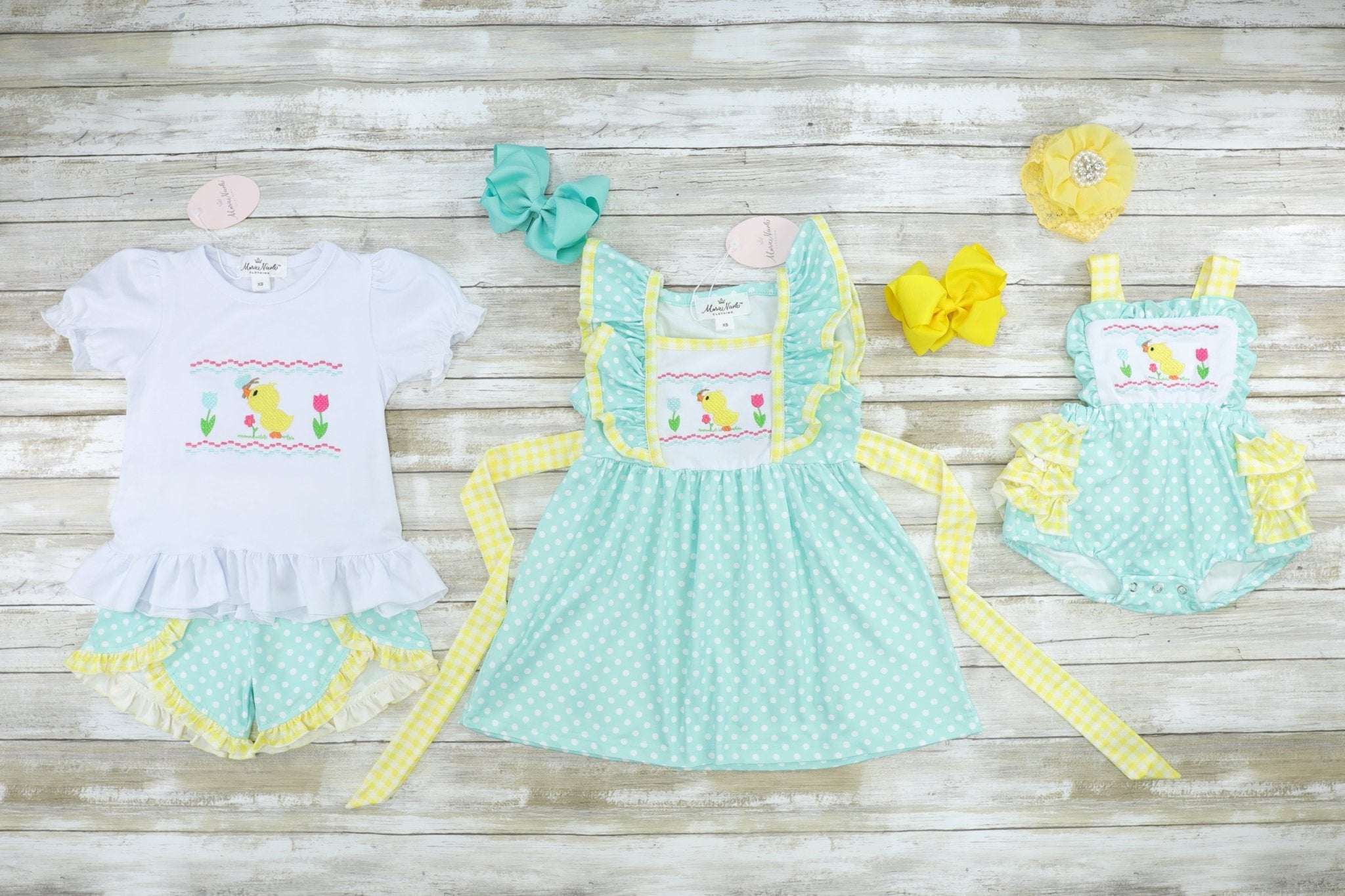 Mint & Yellow Spring Duckling Ruffle Bubble Romper - Marie Nicole Clothing