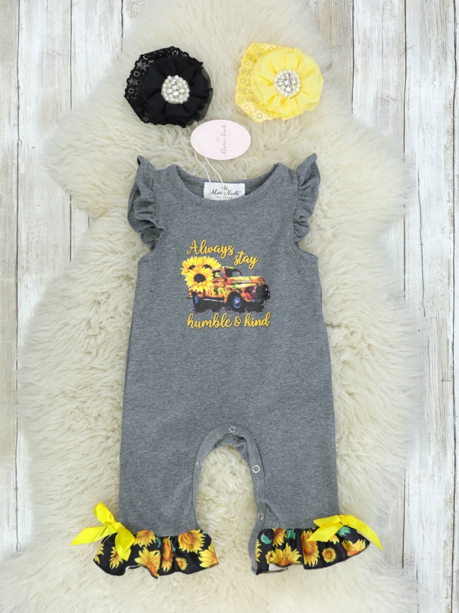 Always Stay Humble & Kind Sunflower Ruffle Romper - Marie Nicole Clothing
