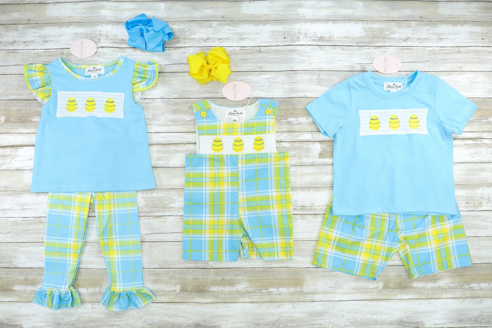 Blue, Green, & Yellow Plaid Easter Egg Smocked Johnny - Marie Nicole Clothing