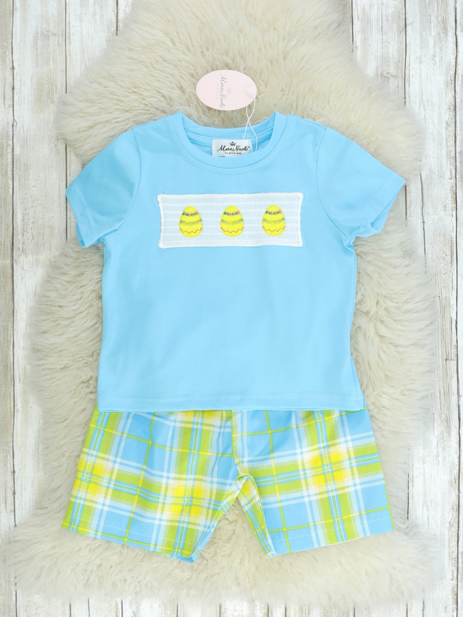 Blue, Green, & Yellow Plaid Easter Egg Smocked Outfit - Marie Nicole Clothing