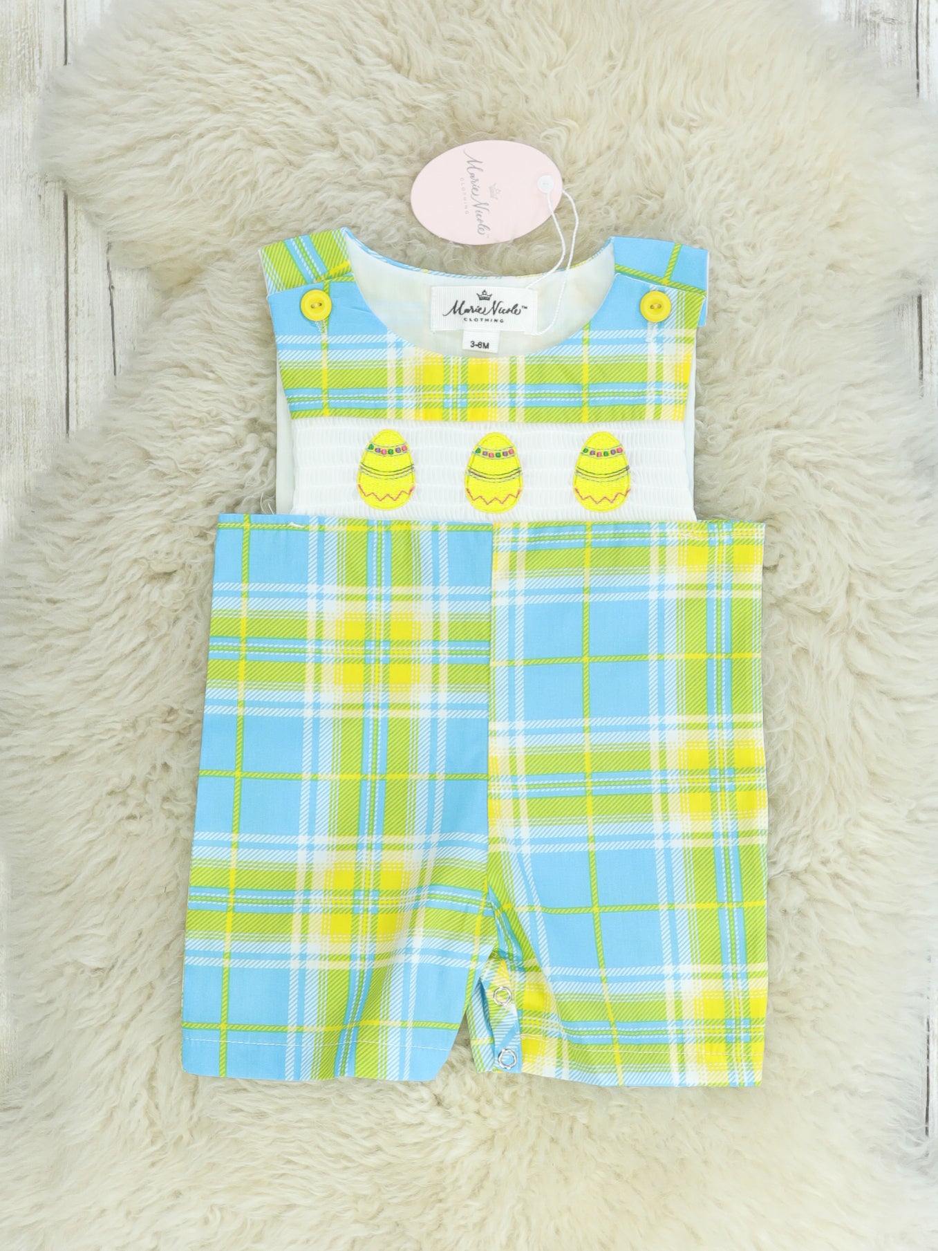 Blue, Green, & Yellow Plaid Easter Egg Smocked Johnny - Marie Nicole Clothing
