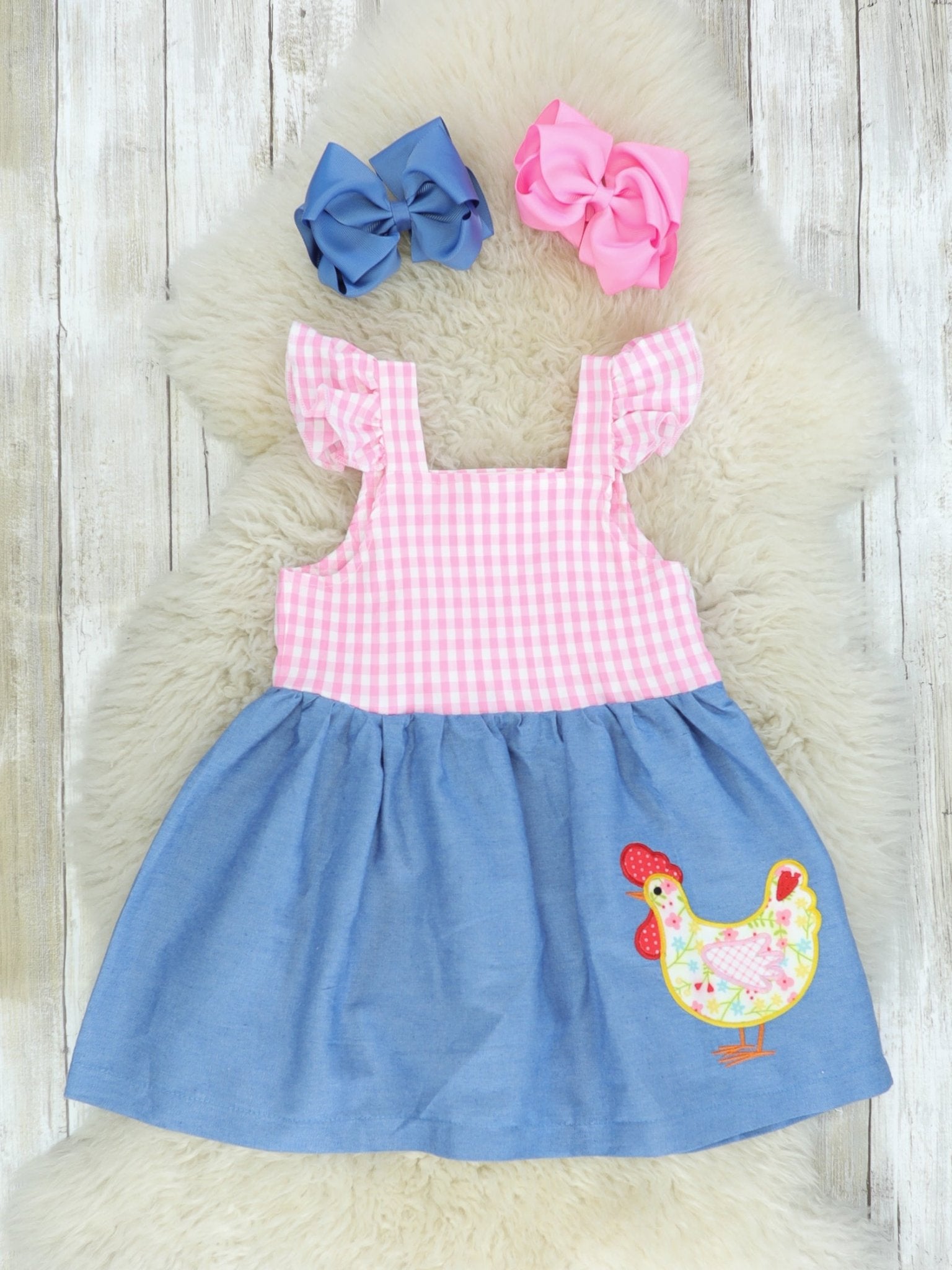 Pink Checked & Chambray Chicken Dress - Marie Nicole Clothing
