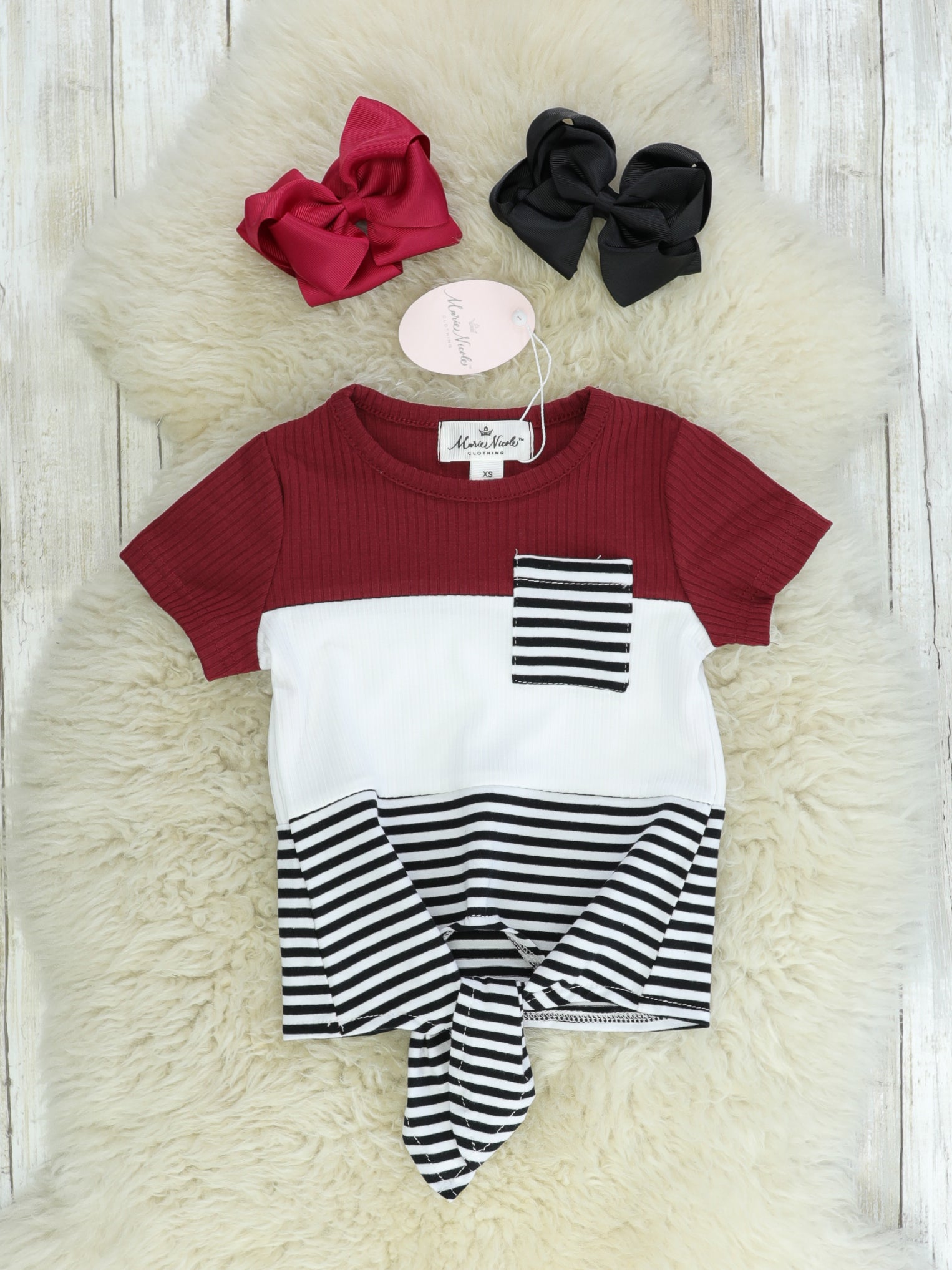 Mom & Me Burgundy, Black, White, Striped Tie Shirt - Marie Nicole Clothing