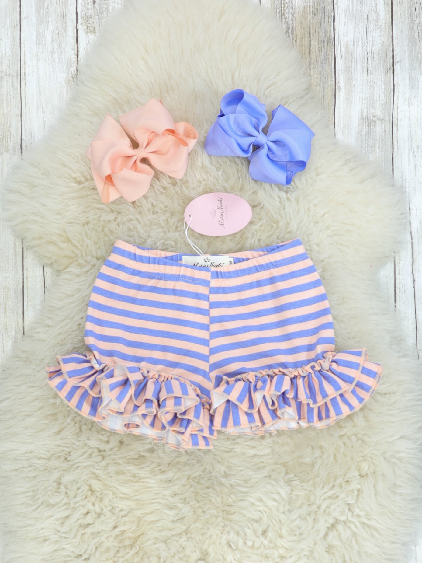 Peach & Orchid Striped Ruffle Trim Cotton Shorts - Marie Nicole Clothing