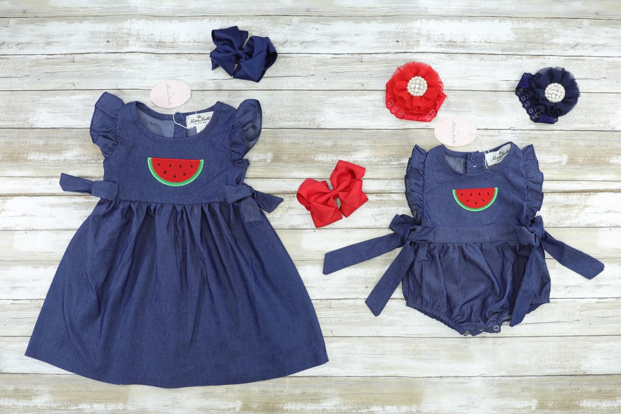 Chambray Watermelon Ruffle Bow Bubble Romper - Marie Nicole Clothing