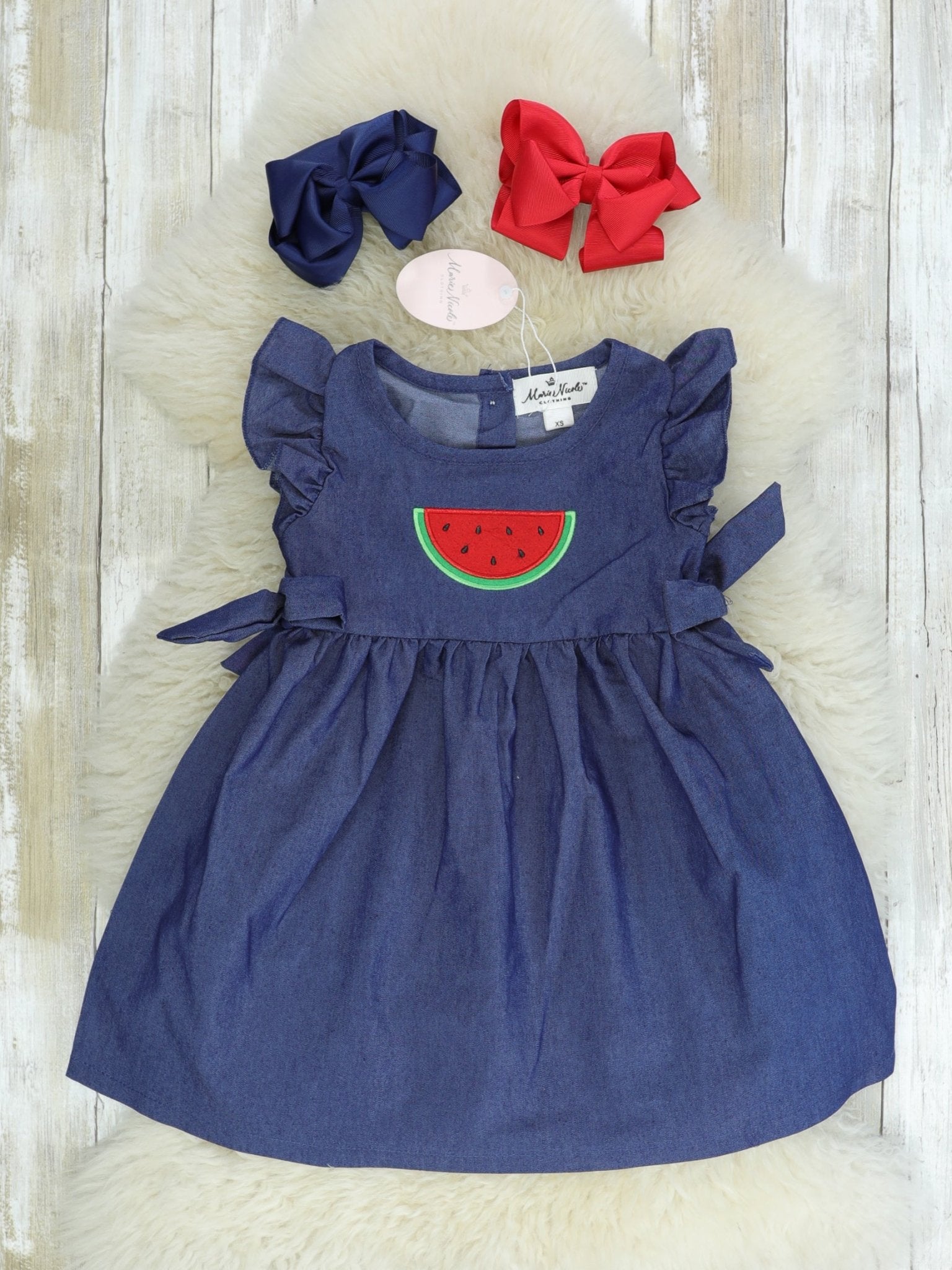 Chambray Watermelon Ruffle Bow Dress - Marie Nicole Clothing