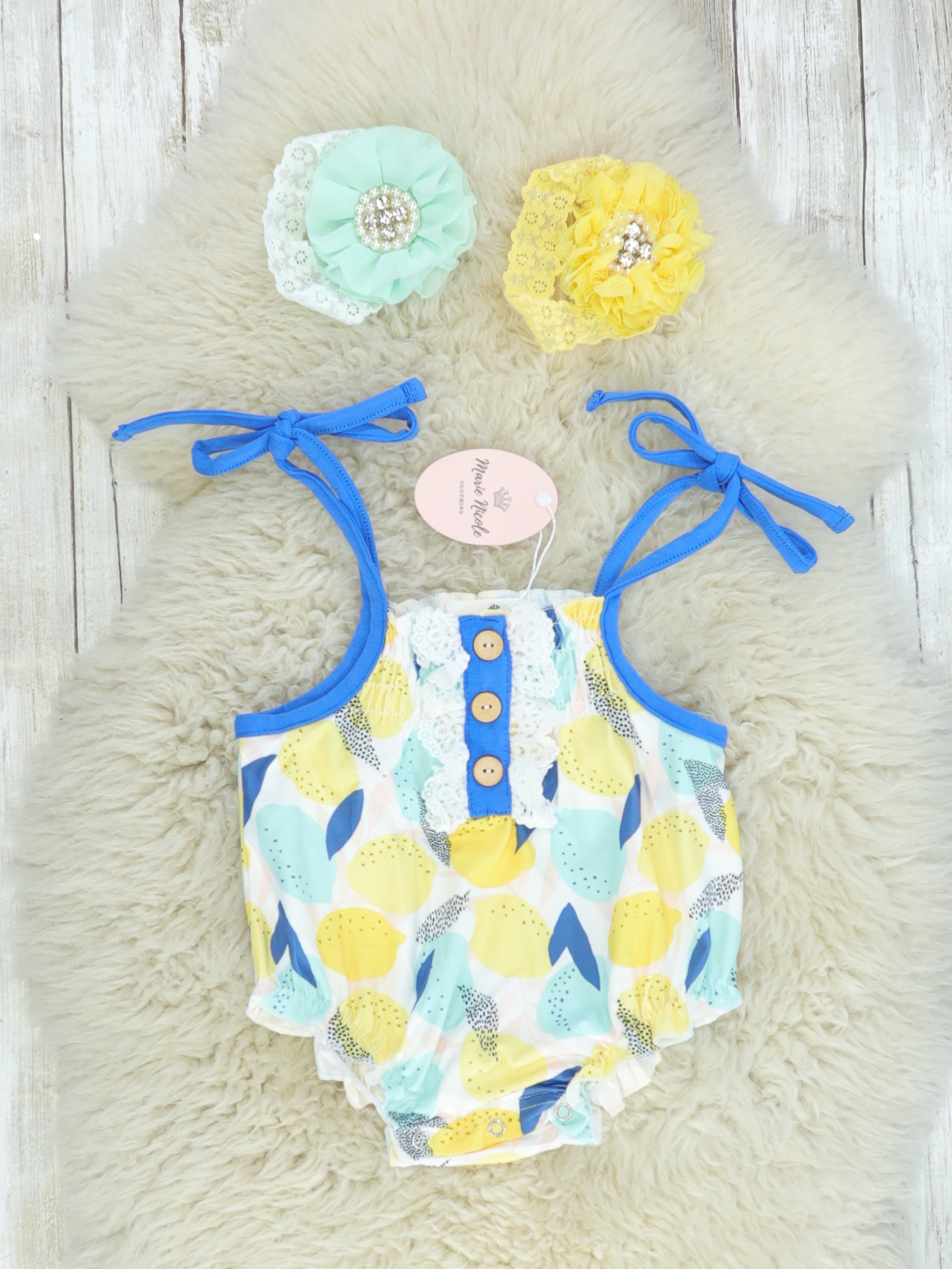 Yellow & Blue Lemons Tie Bubble Romper - Marie Nicole Clothing