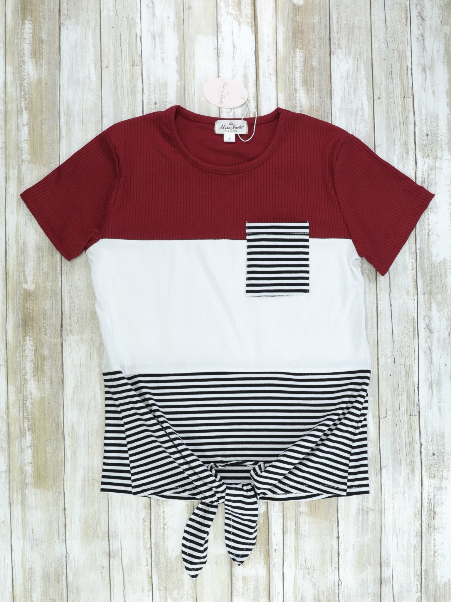 Mom & Me Burgundy, Black, White, Striped Tie Shirt - Marie Nicole Clothing