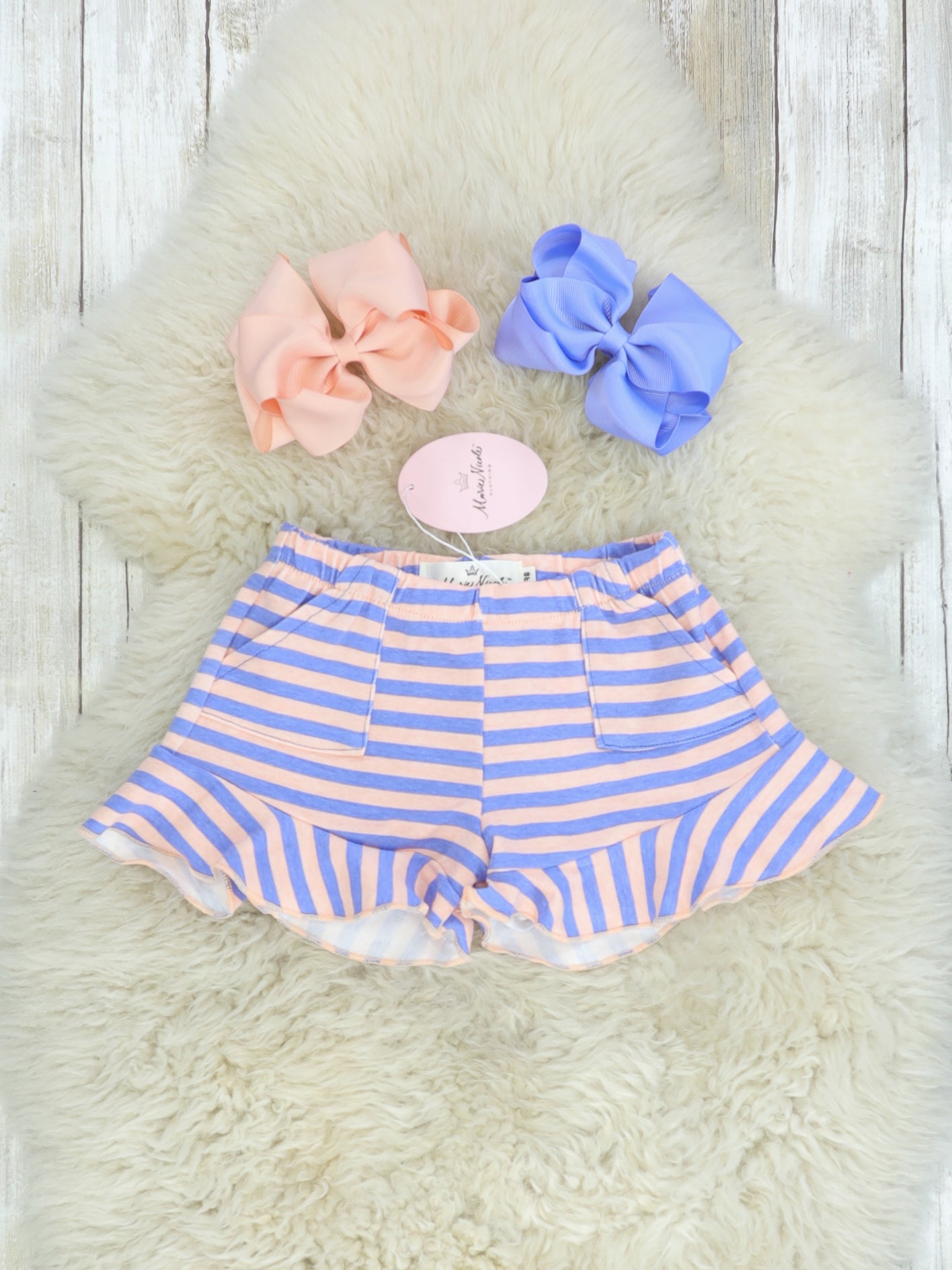 Pocket Ruffle Short - Peach/Orchid Striped - Marie Nicole Clothing