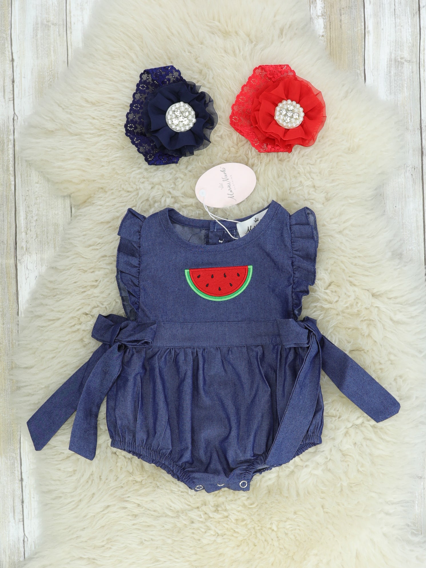 Chambray Watermelon Ruffle Bow Bubble Romper - Marie Nicole Clothing