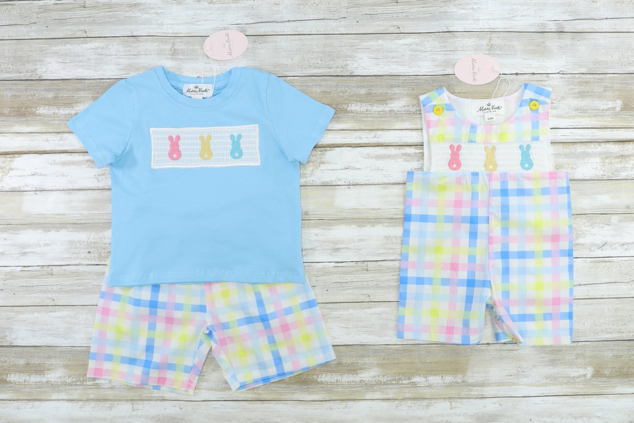 Easter Bunny Pastel Smocked Bubble Romper - Marie Nicole Clothing