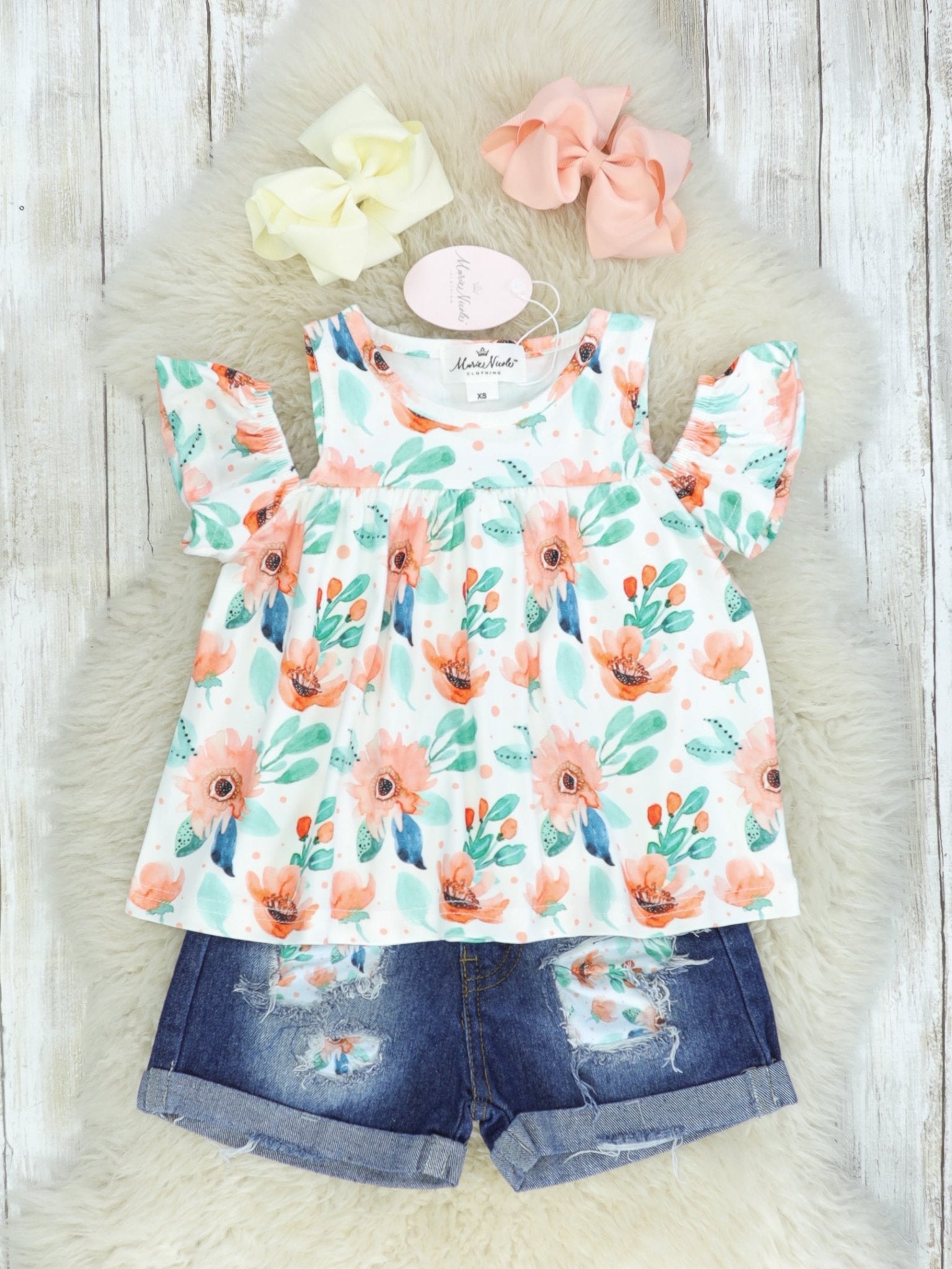 Pink & Green Floral Top & Distressed Denim Outfit - Marie Nicole Clothing