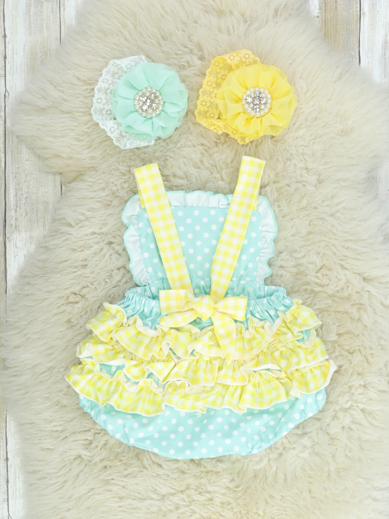 Mint & Yellow Spring Duckling Ruffle Bubble Romper - Marie Nicole Clothing