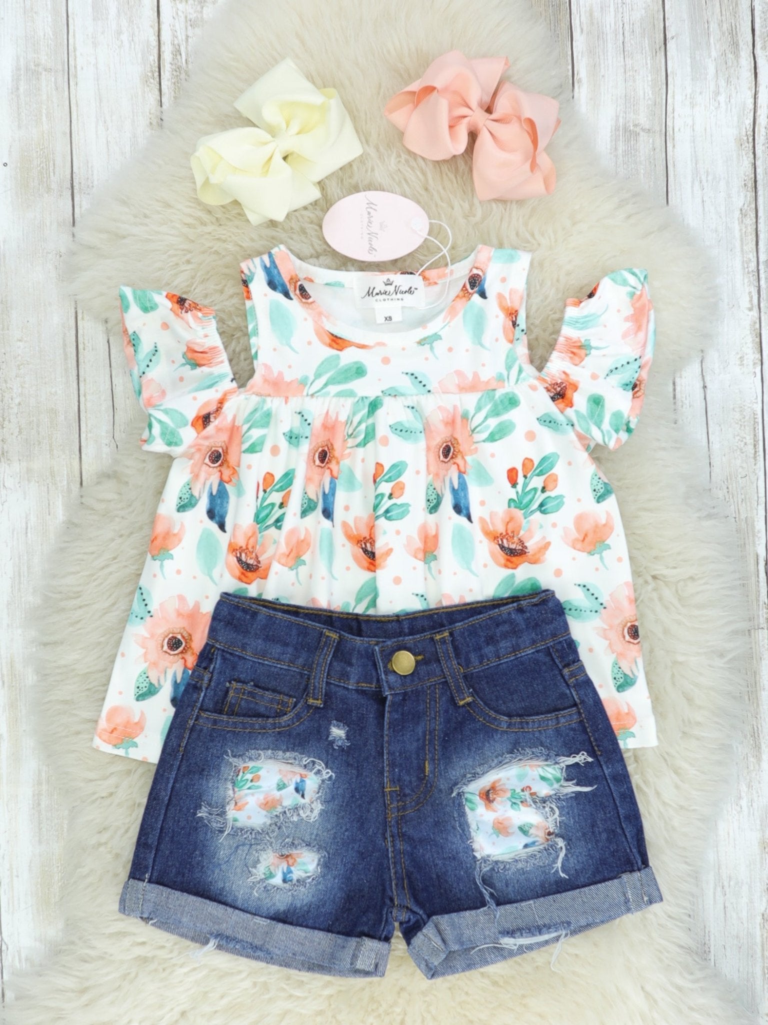 Pink & Green Floral Top & Distressed Denim Outfit - Marie Nicole Clothing