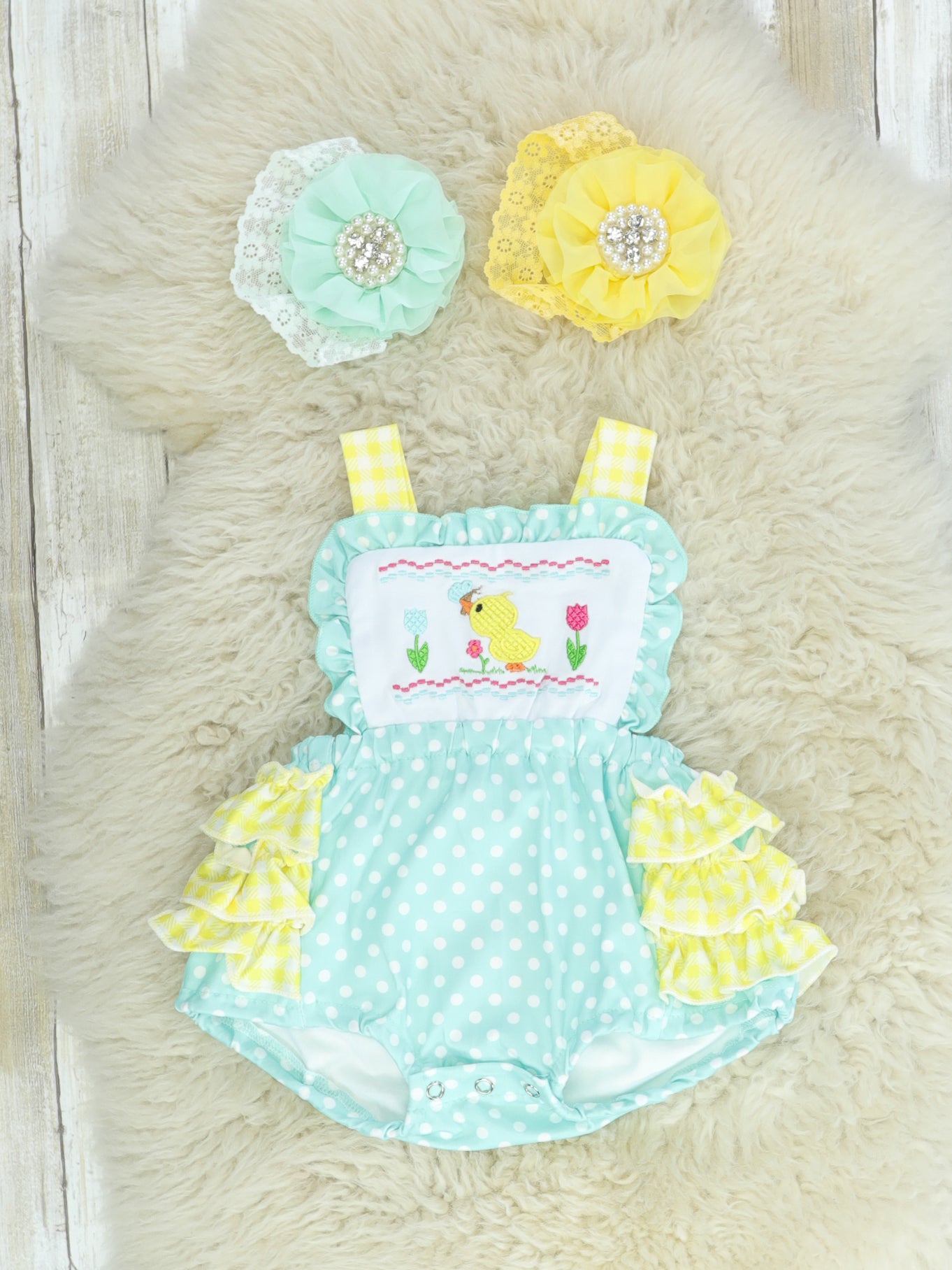 Mint & Yellow Spring Duckling Ruffle Bubble Romper - Marie Nicole Clothing