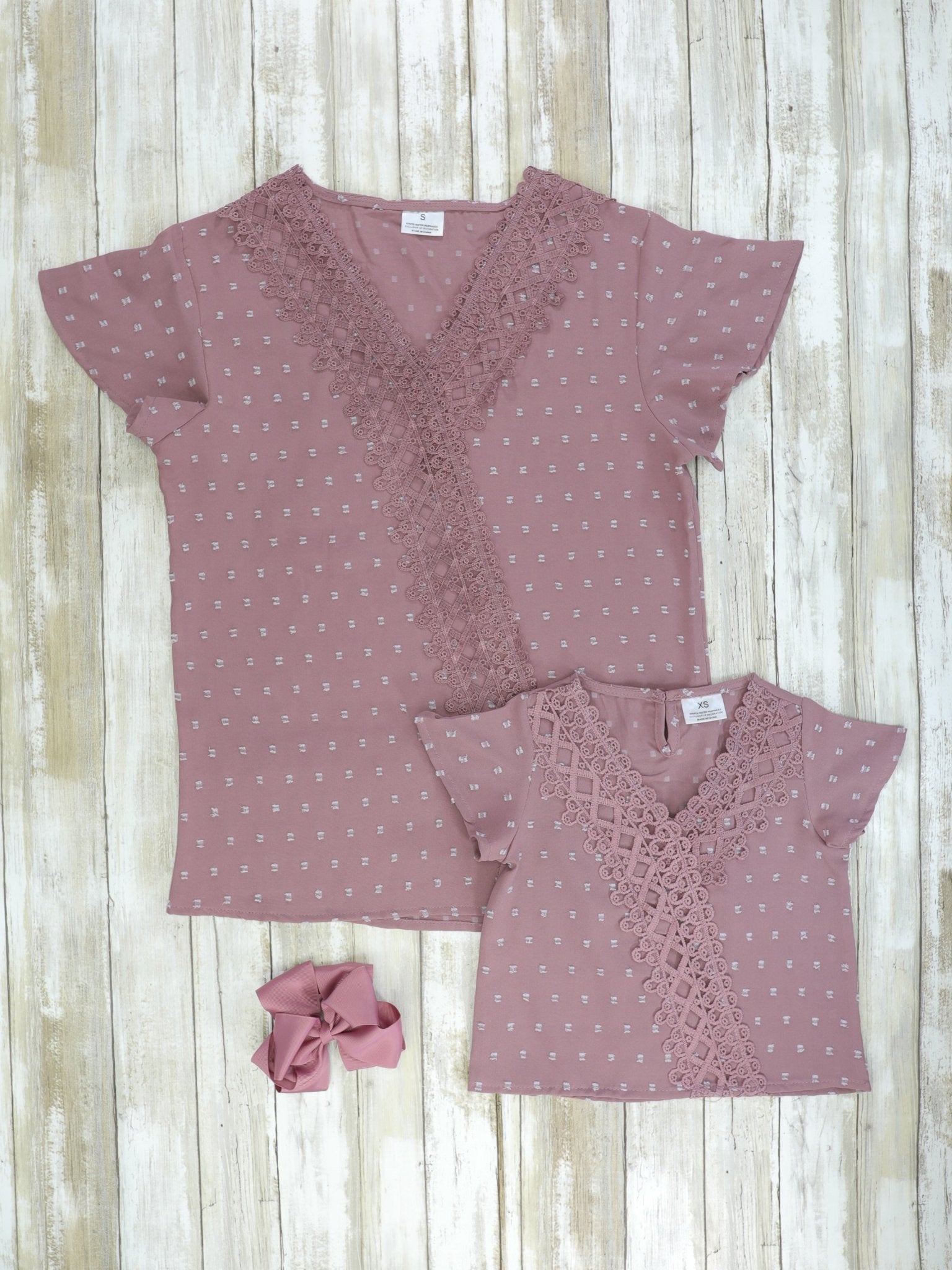 Mom & Me Dusty Rose Lace Swiss Dot Cross Over Top - Marie Nicole Clothing