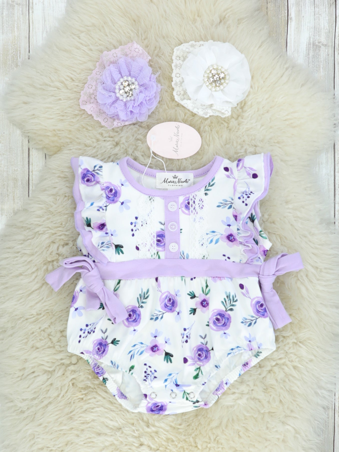 Purple Floral Ruffle Bubble Romper - Marie Nicole Clothing