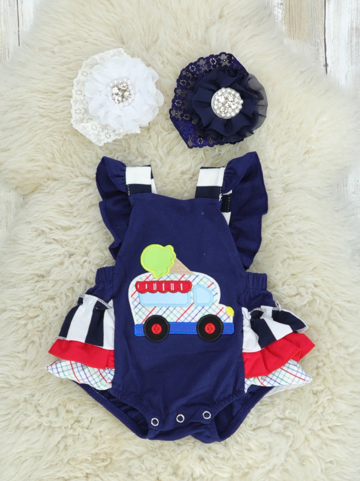 Ice Cream Truck Ruffle Bubble Romper - Marie Nicole Clothing