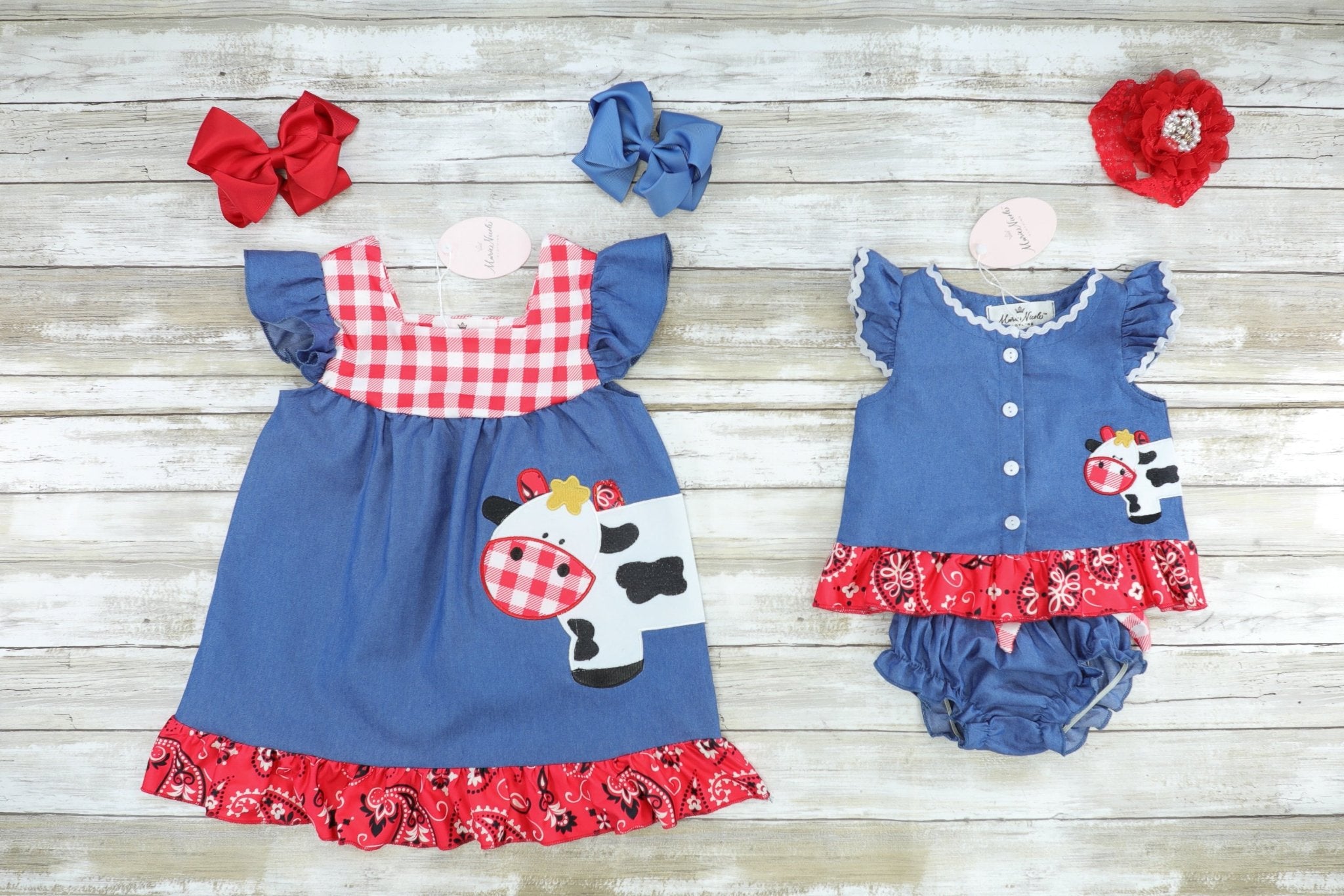 Chambray Bandana Cow Ruffle Dress - Marie Nicole Clothing