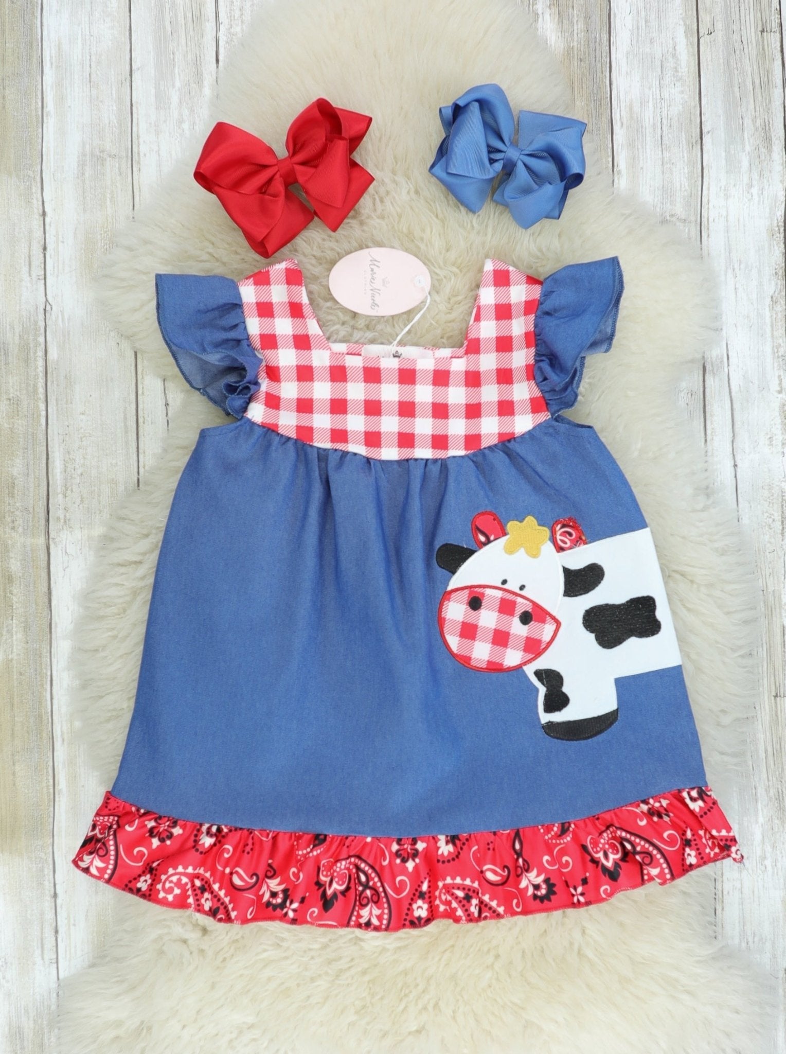 Chambray Bandana Cow Ruffle Dress - Marie Nicole Clothing