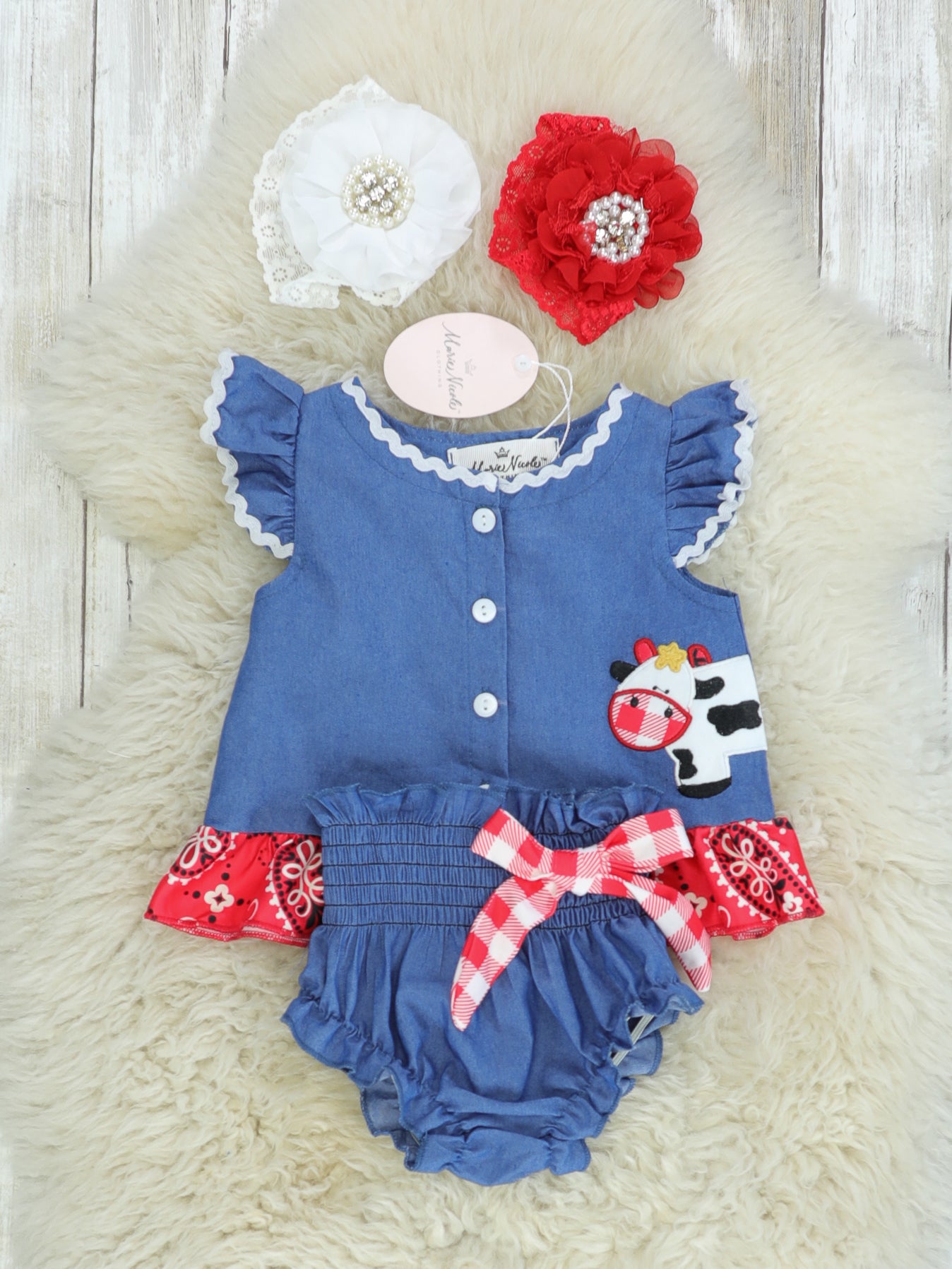 Chambray Bandana Cow Bloomer Outfit - Marie Nicole Clothing