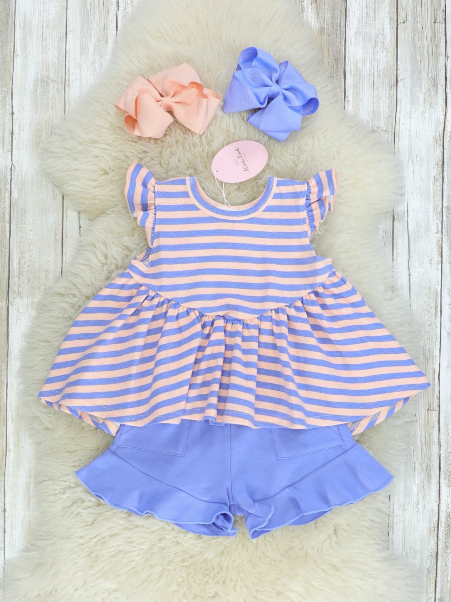 Cotton Hi - Lo Ruffle Top - Peach/Orchid Striped - Marie Nicole Clothing
