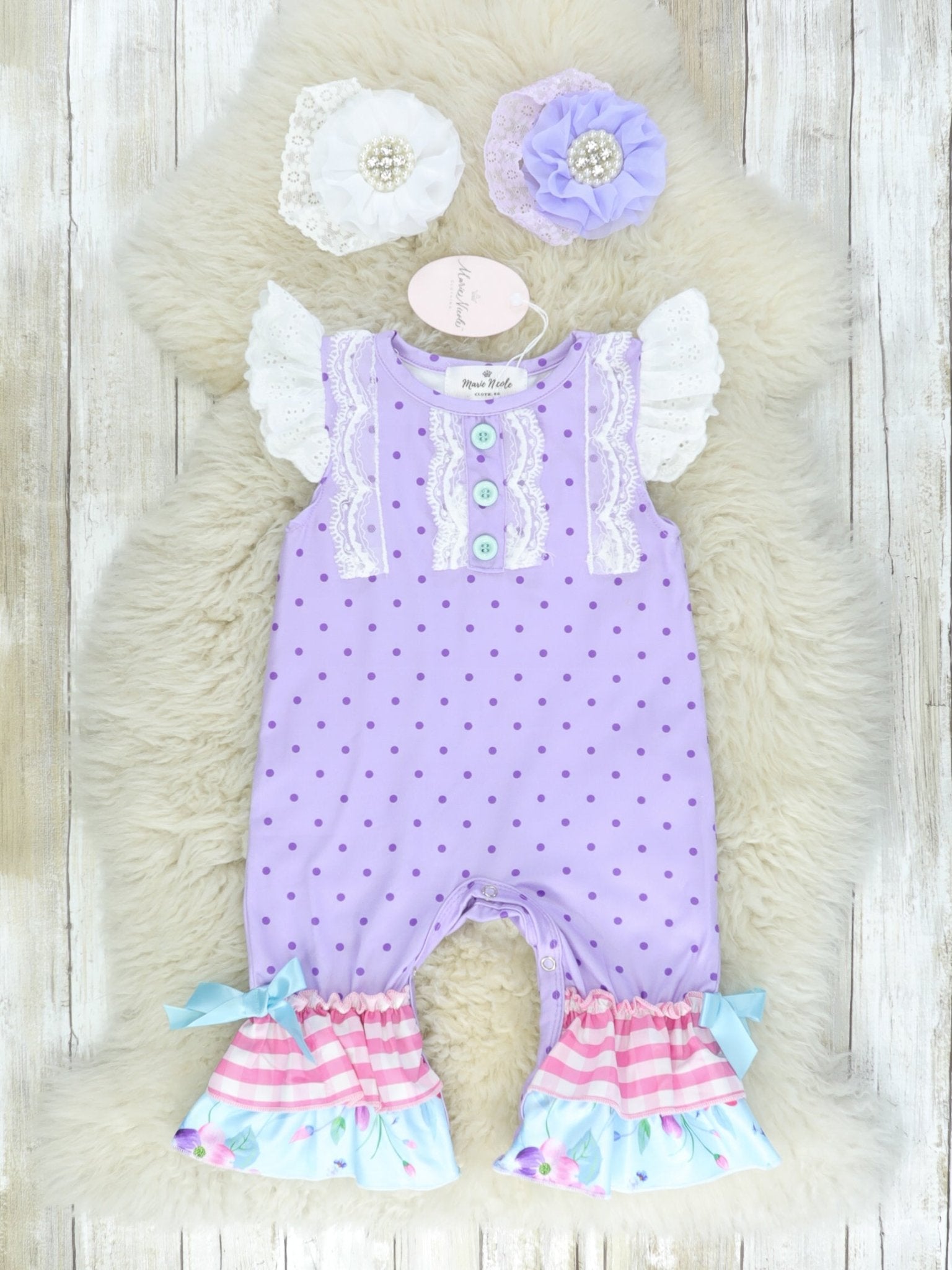 Purple Polka Dotted Ruffle Romper - Marie Nicole Clothing