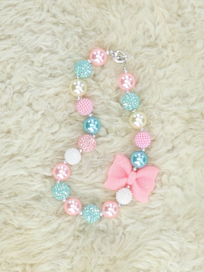 Sparkly Bow Blue/Pink Bubblegum Necklace - Marie Nicole Clothing