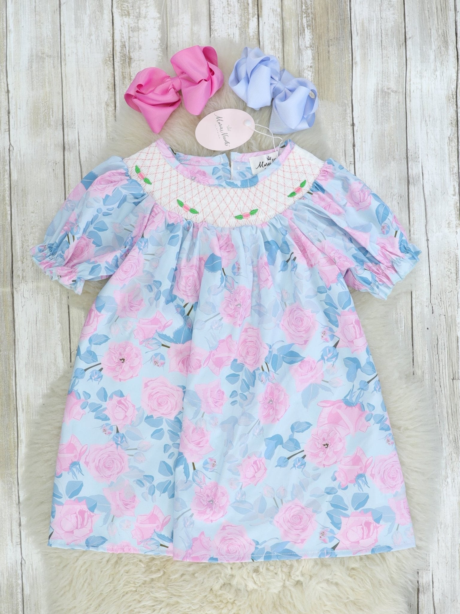 Pink & Blue Rose Smocked Dress - Marie Nicole Clothing