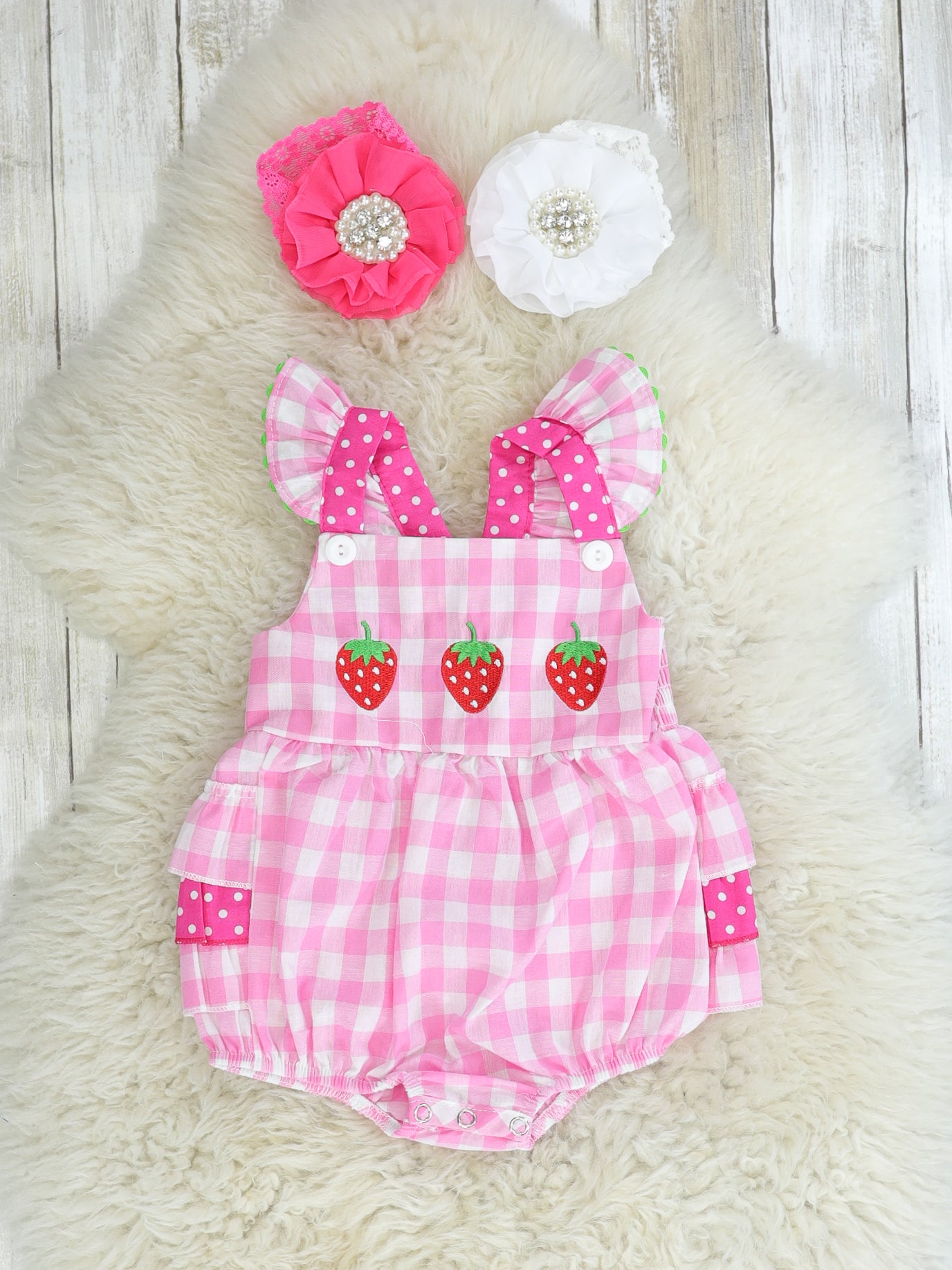 Pink Check Strawberry Ruffle Bubble Romper - Marie Nicole Clothing