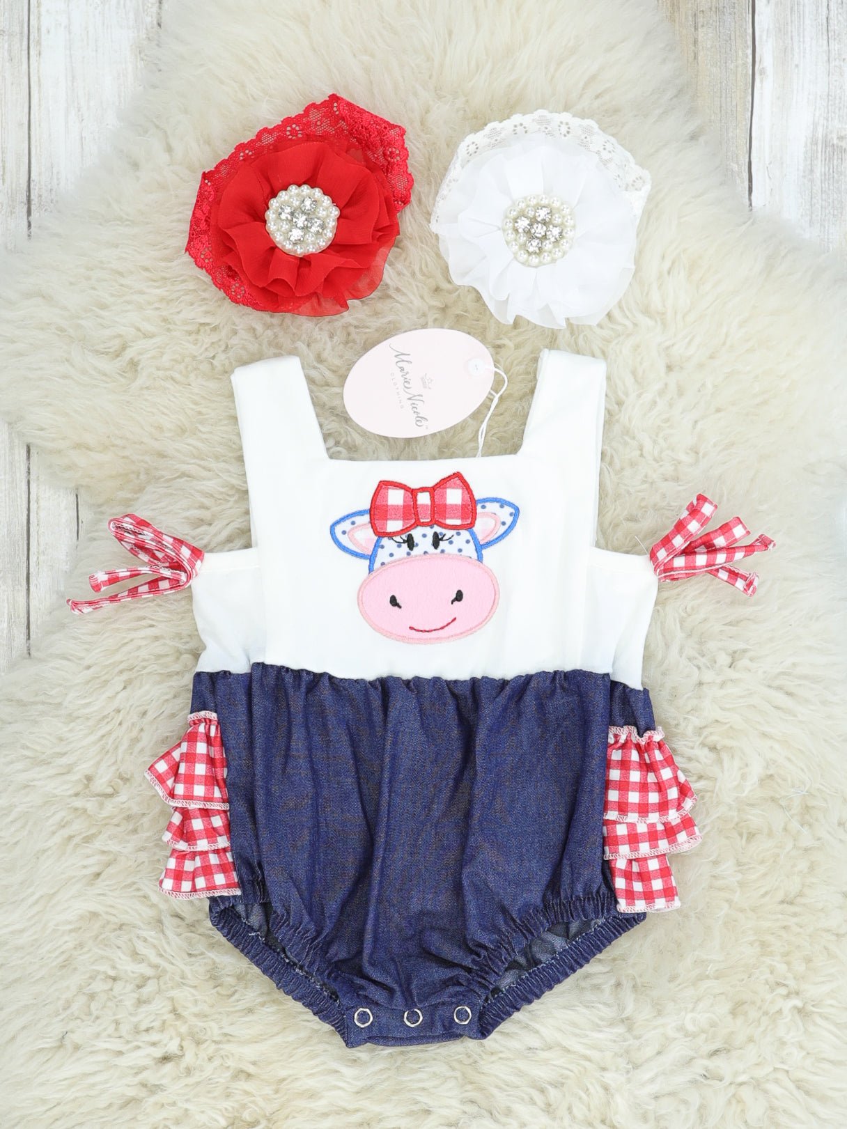 Red Check Cow Ruffle Bubble Romper - Marie Nicole Clothing