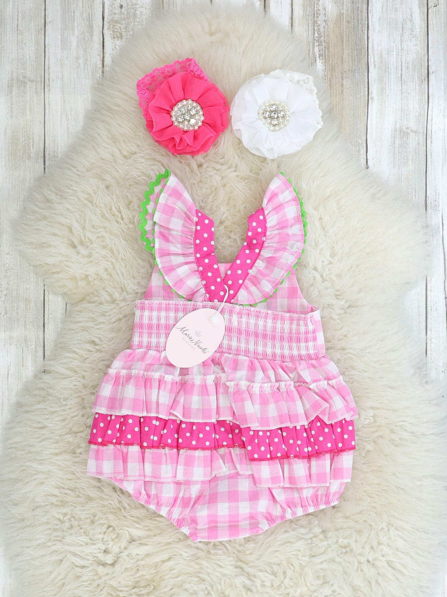 Pink Check Strawberry Ruffle Bubble Romper - Marie Nicole Clothing