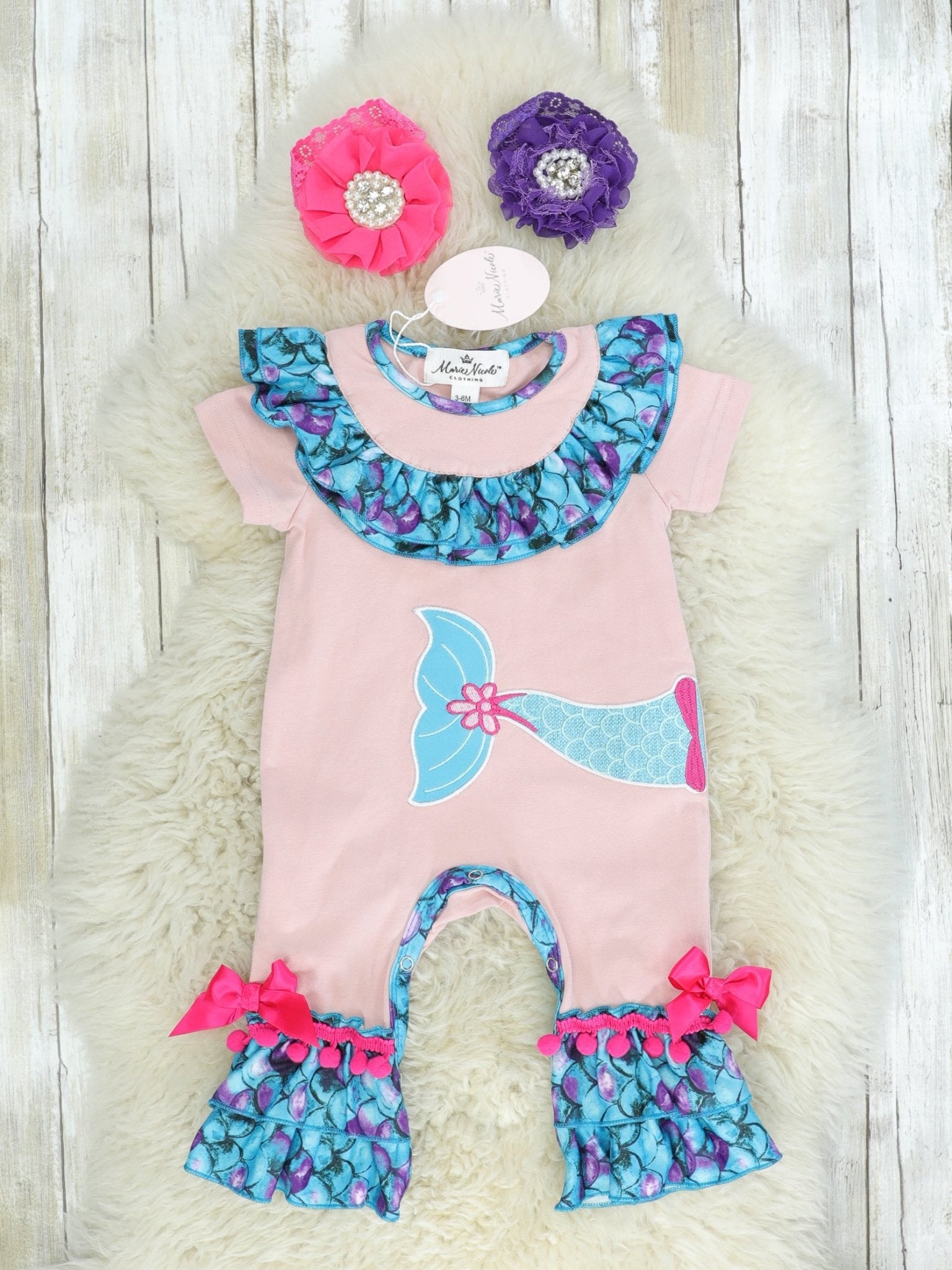 Blue & Pink Mermaid Tail Ruffle Romper - Marie Nicole Clothing