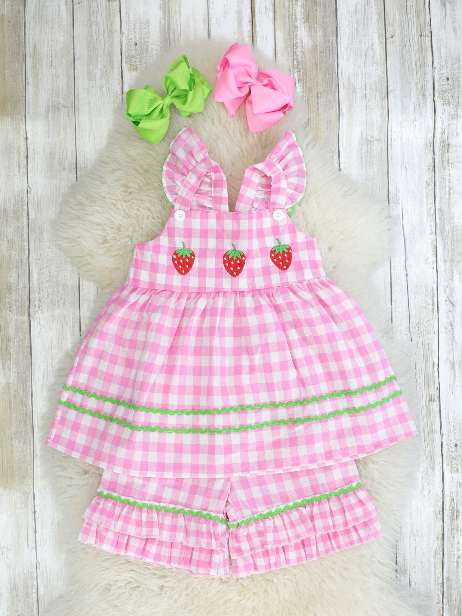 Pink Check Strawberry Ruffle Outfit - Marie Nicole Clothing