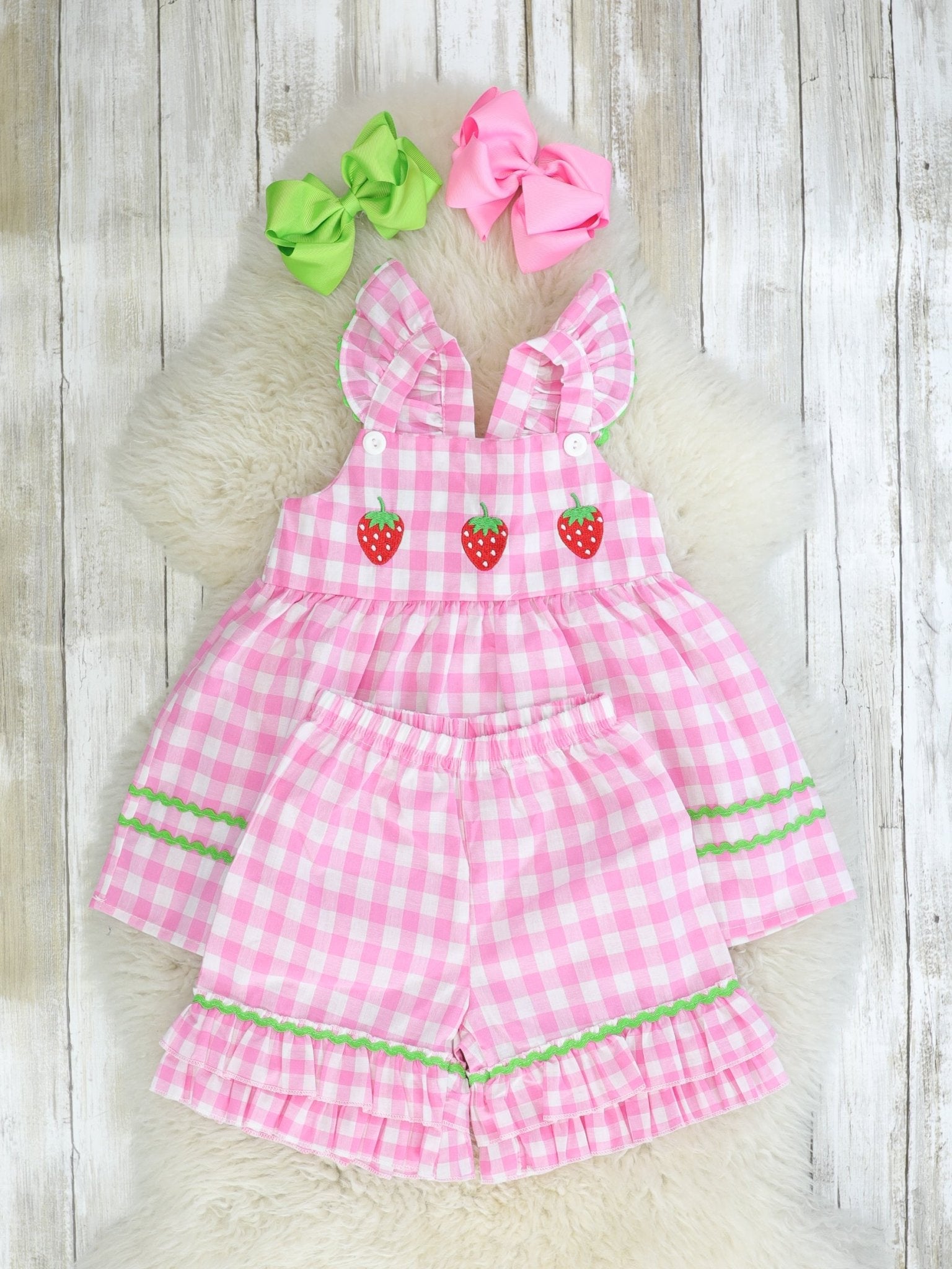 Pink Check Strawberry Ruffle Outfit - Marie Nicole Clothing