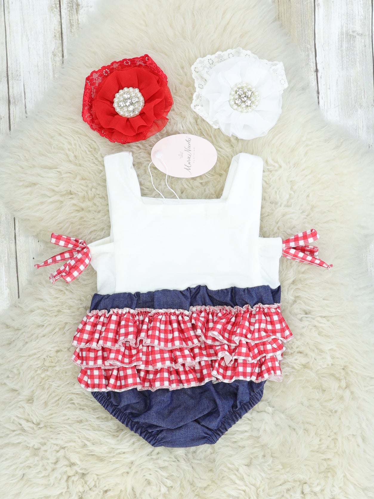 Red Check Cow Ruffle Bubble Romper - Marie Nicole Clothing