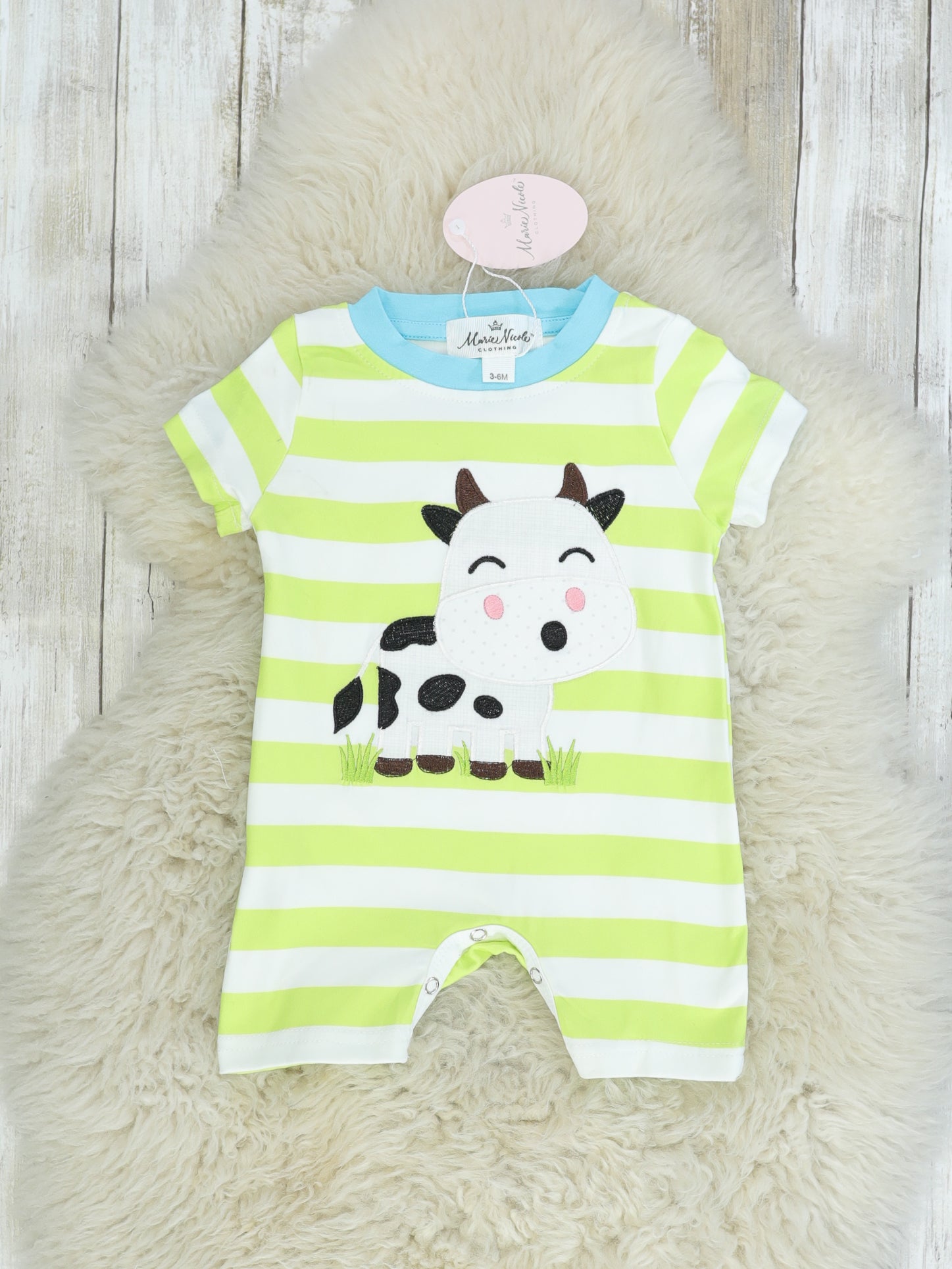 Green Striped Cow Romper - Marie Nicole Clothing
