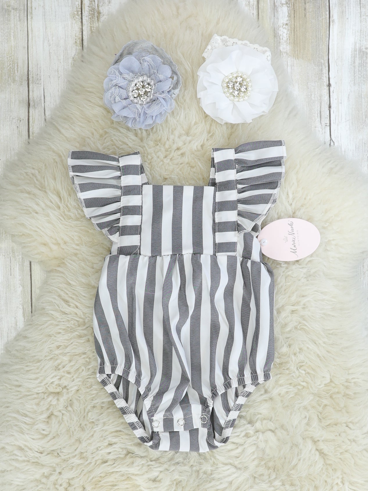 Grey Pinstriped Ruffle Bubble Romper - Marie Nicole Clothing