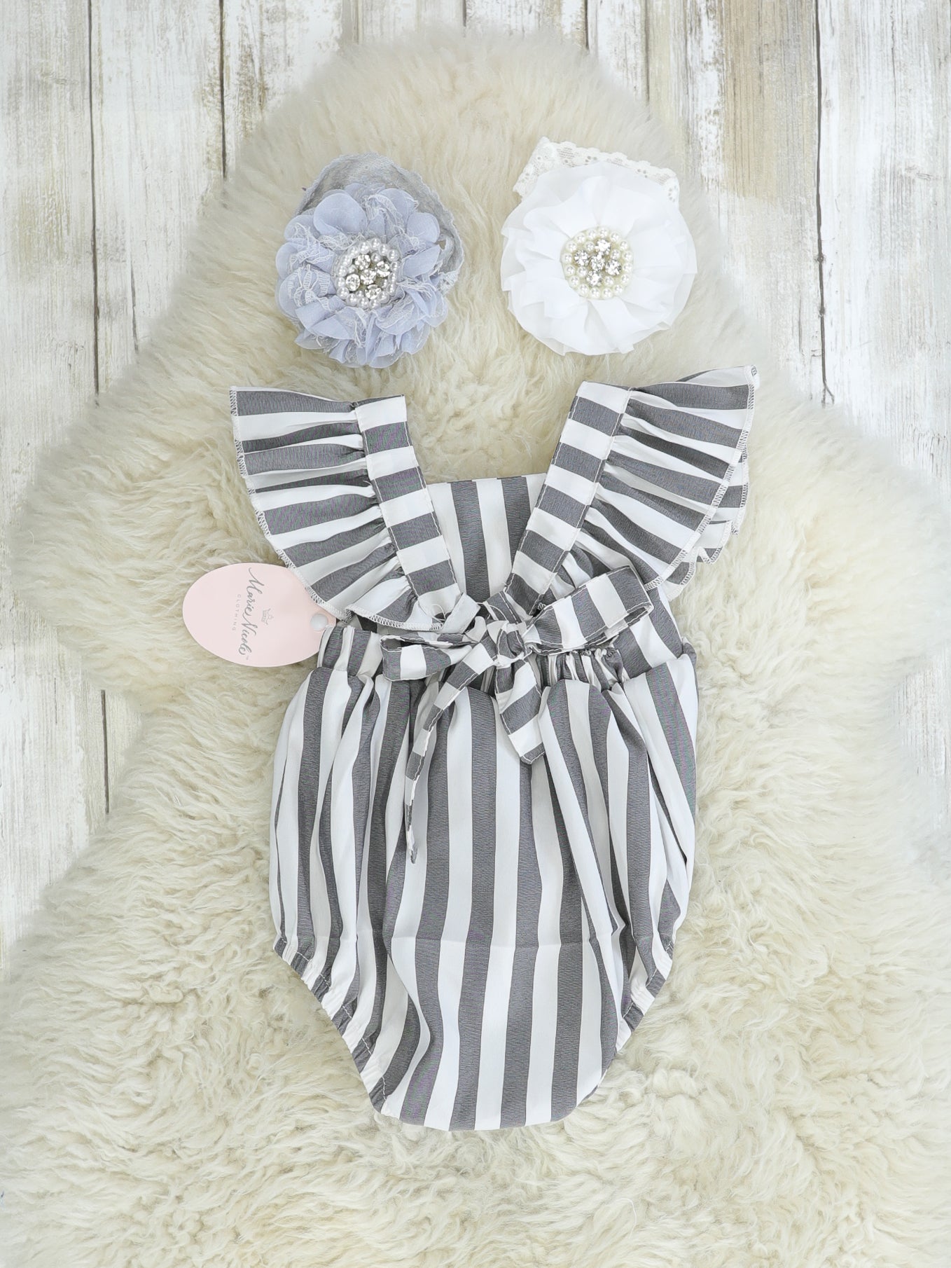 Grey Pinstriped Ruffle Bubble Romper - Marie Nicole Clothing