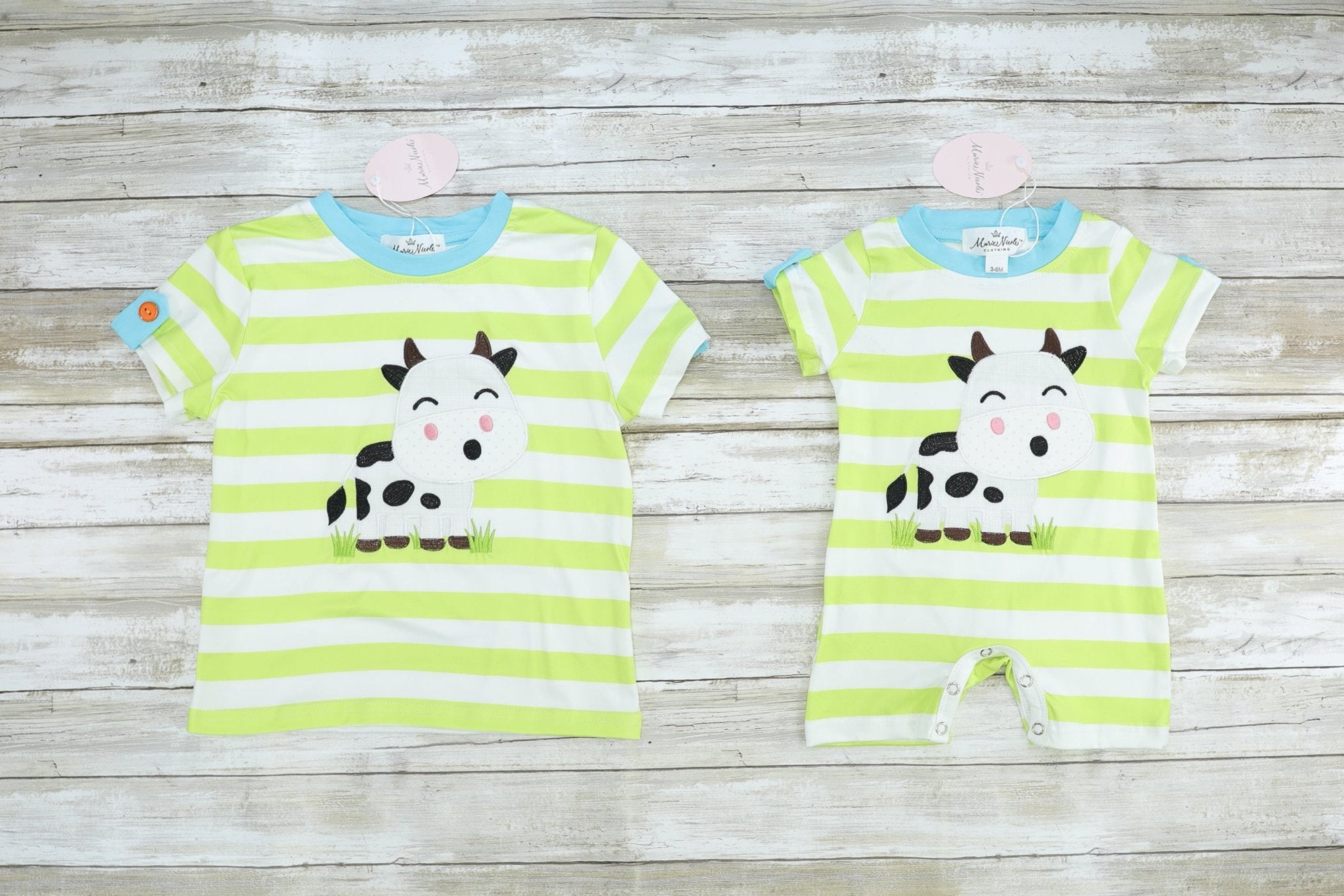 Green Striped Cow Romper - Marie Nicole Clothing