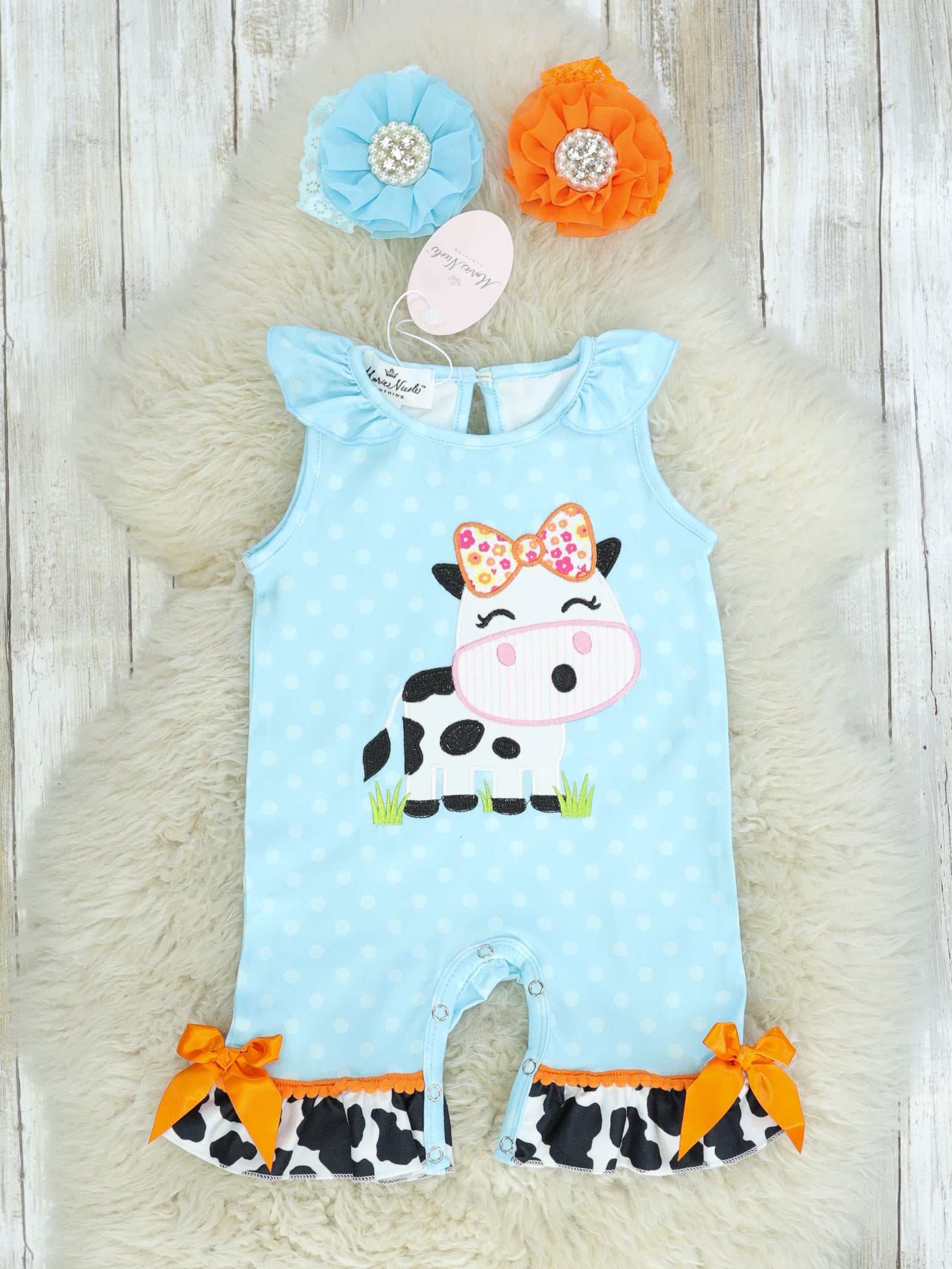 Blue Polka Dot Ruffle Cow Romper - Marie Nicole Clothing